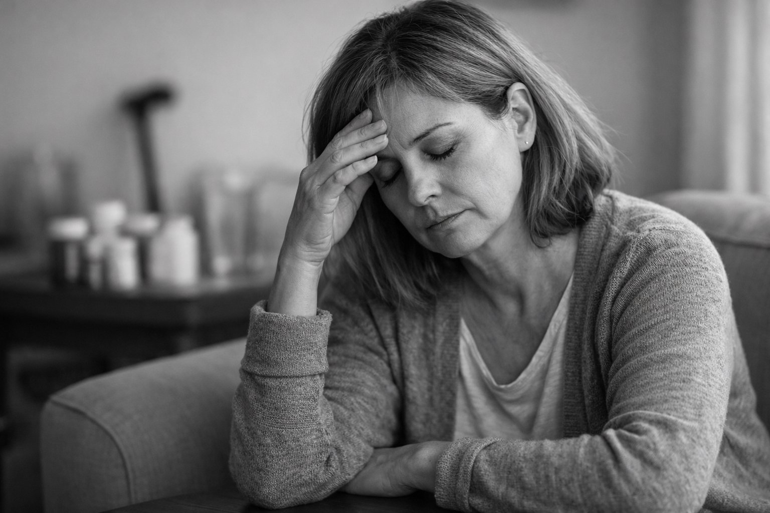 Black and white photograph illustrating fatigue experienced by people with rheumatic disease, without visible injury or pain
