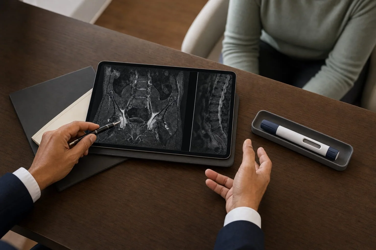 Consultant discussing sacroiliac-joint MRI findings and a possible biologic treatment for axial spondyloarthritis.