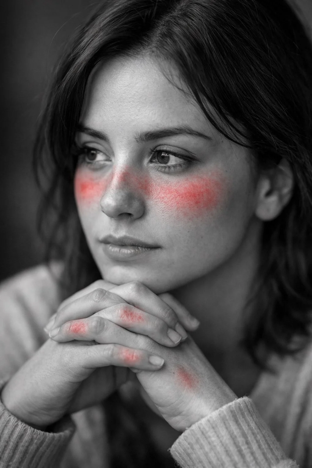 Black and white photo of a young woman with lupus-style symptoms, used for an SLE patient information blog