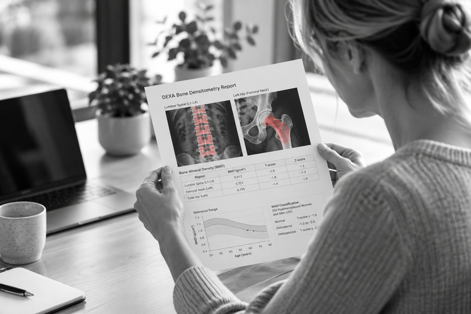 Woman reviewing a DEXA bone density report showing hip and spine measurements