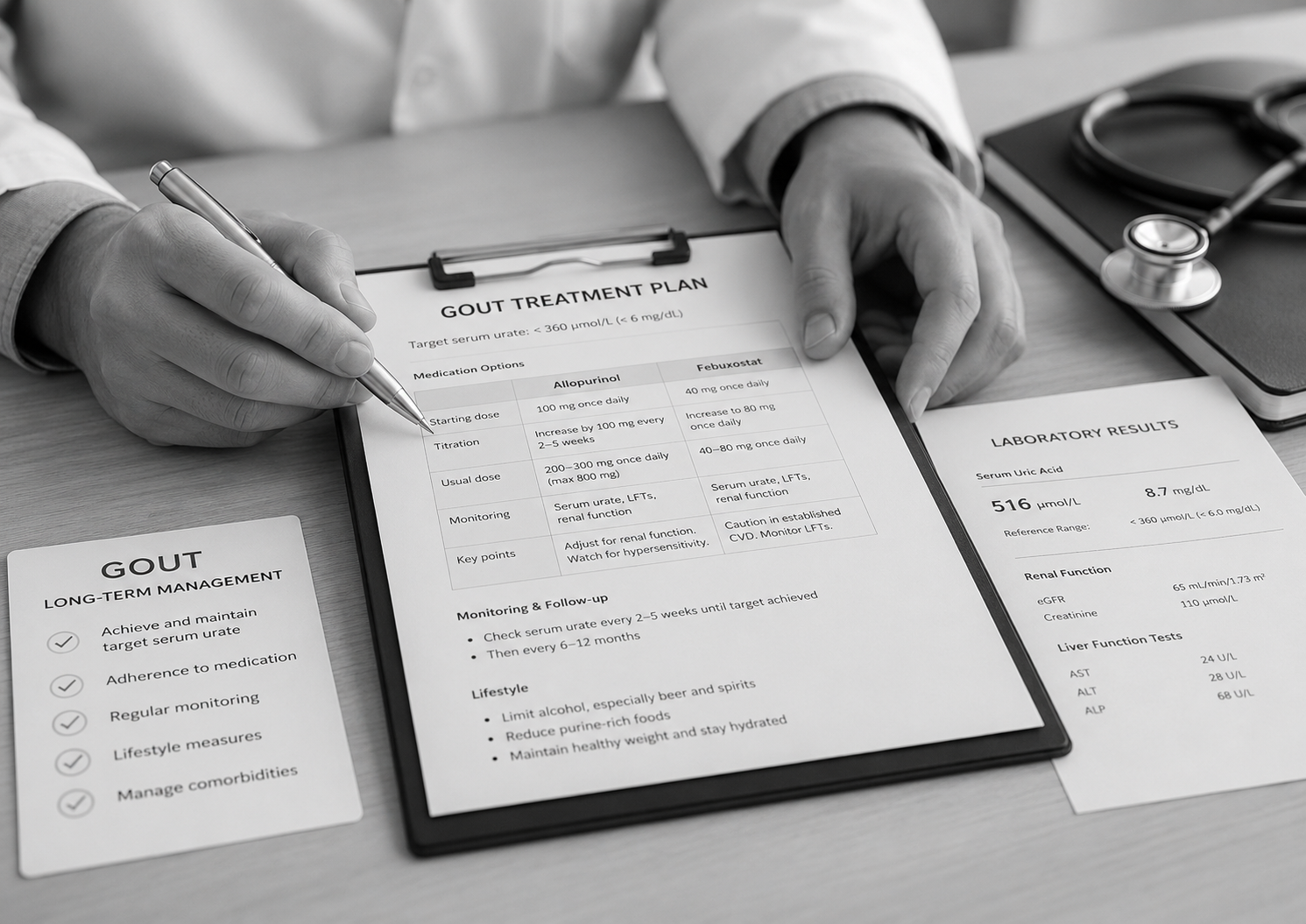 Black and white clinical image showing a gout treatment plan comparing allopurinol and febuxostat alongside serum urate and kidney function results.