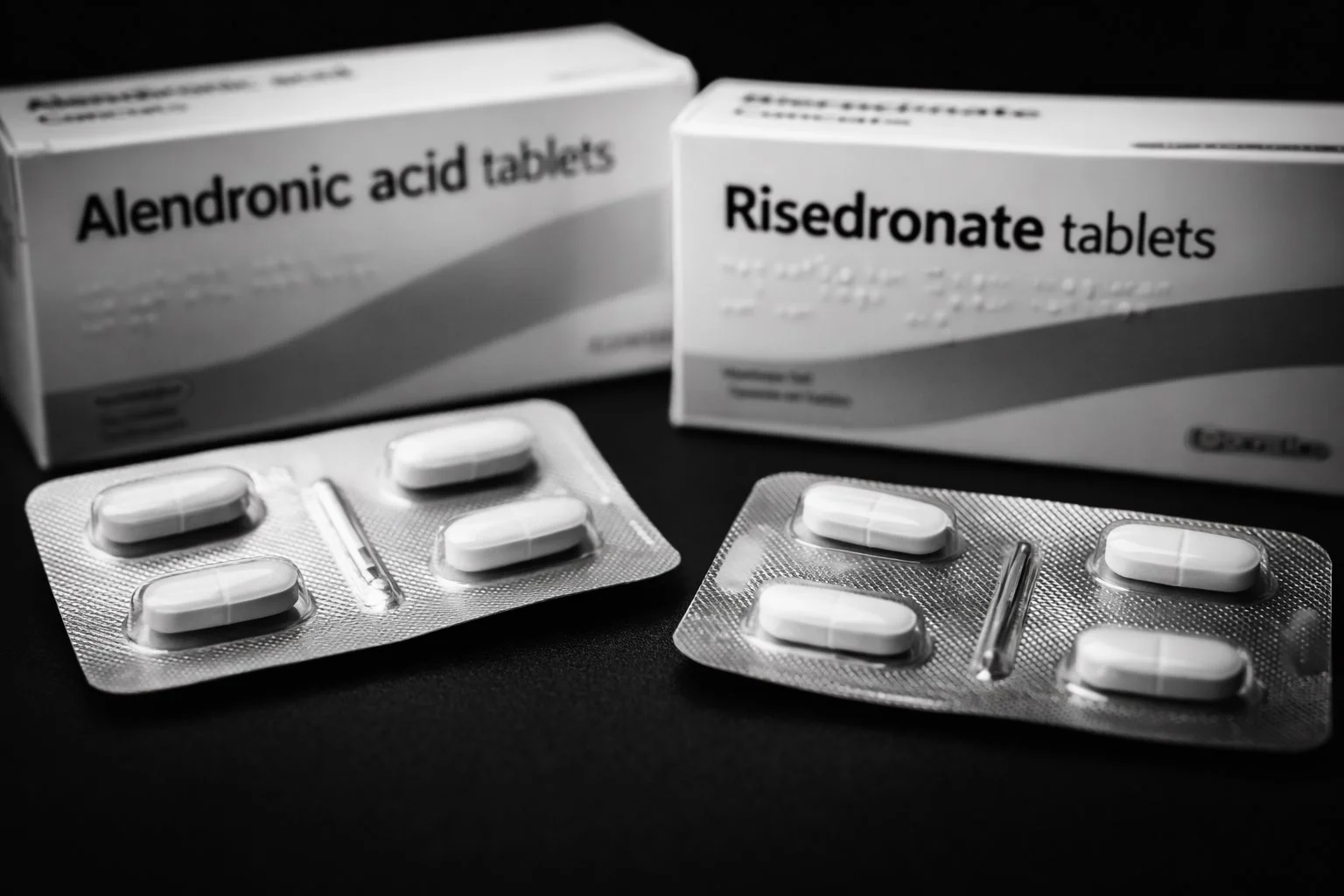 Black and white photo of alendronic acid and risedronate packets, common bisphosphonate medicines used to treat osteoporosis