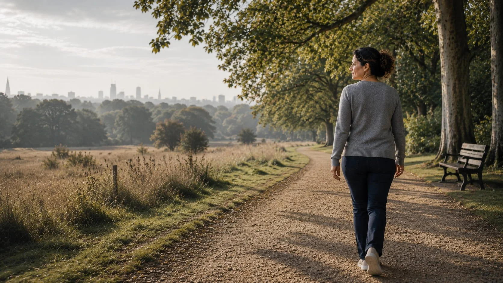Woman walking confidently along a path on Hampstead Heath after receiving care for inflammatory arthritis.