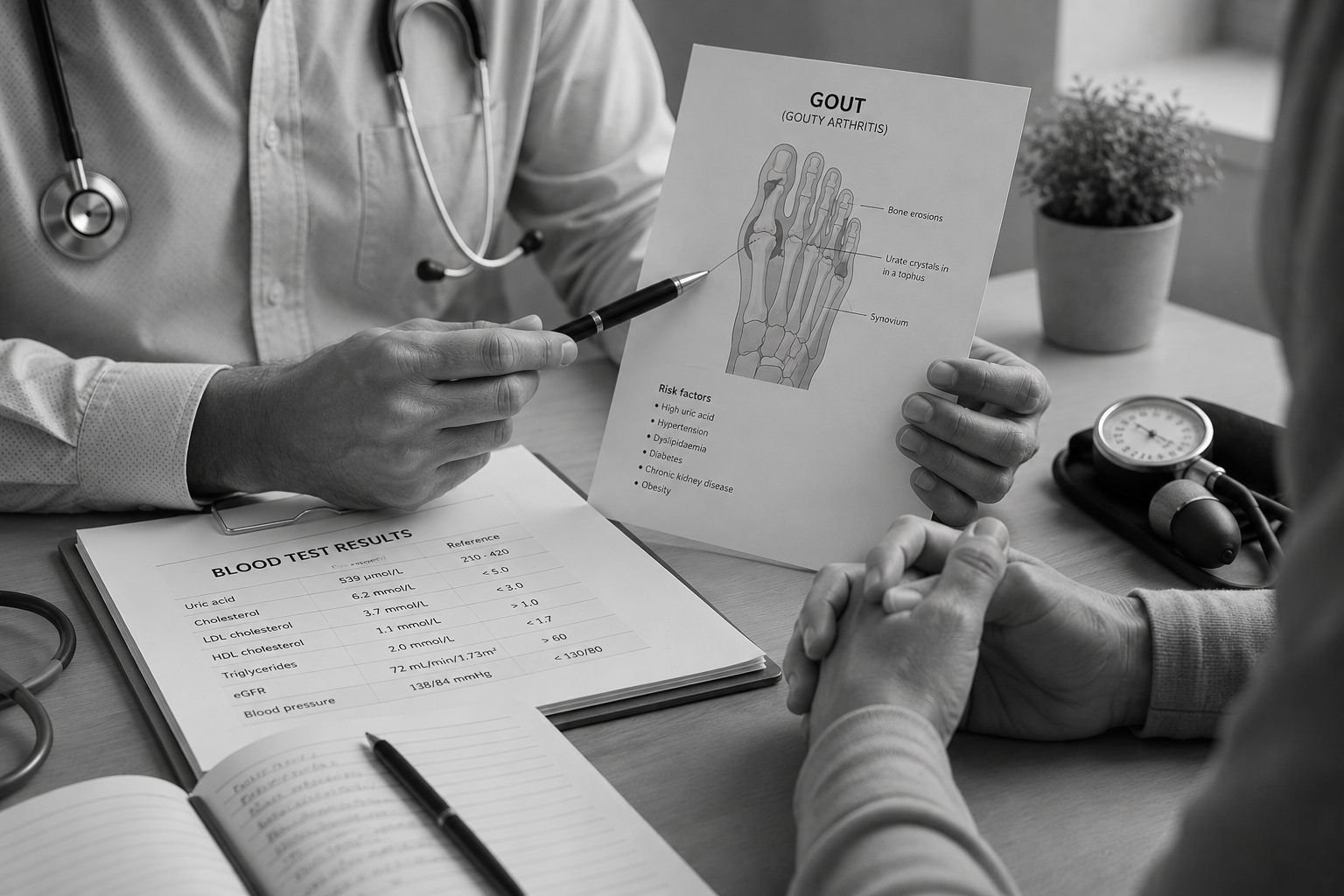 Black and white clinical image illustrating discussion of gout, uric acid and cardiovascular risk during a rheumatology consultation.