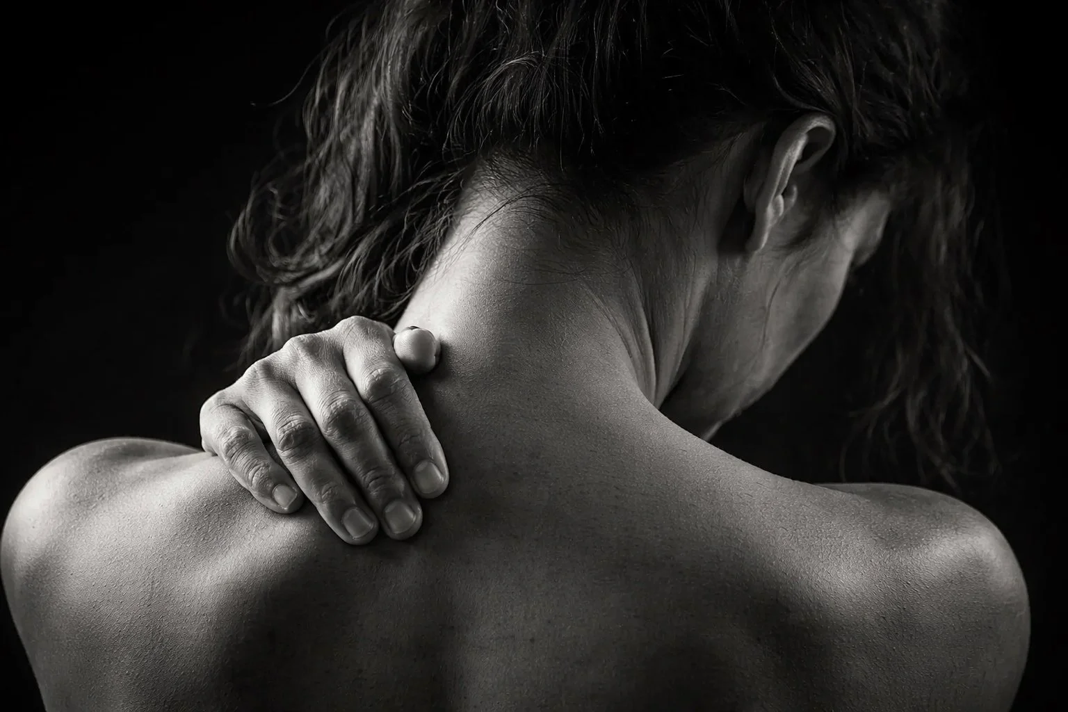 Black and white photograph of a middle-aged woman holding her neck and shoulder, representing widespread pain associated with fibromyalgia