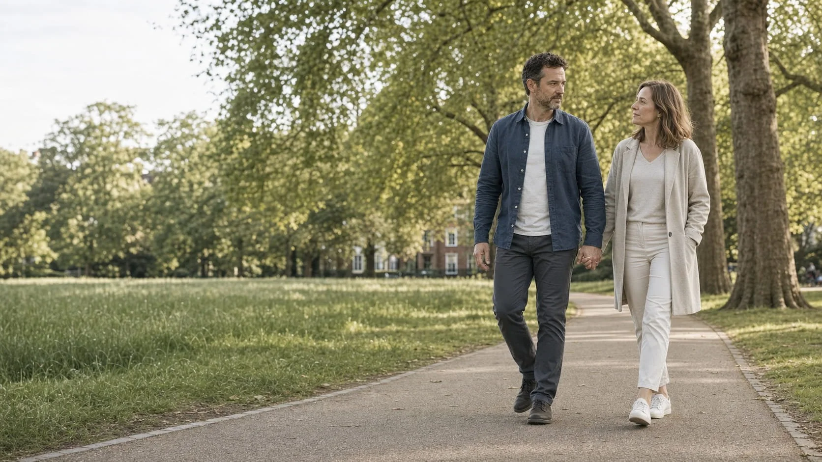 Man walking comfortably through a London park while holding hands with his partner.