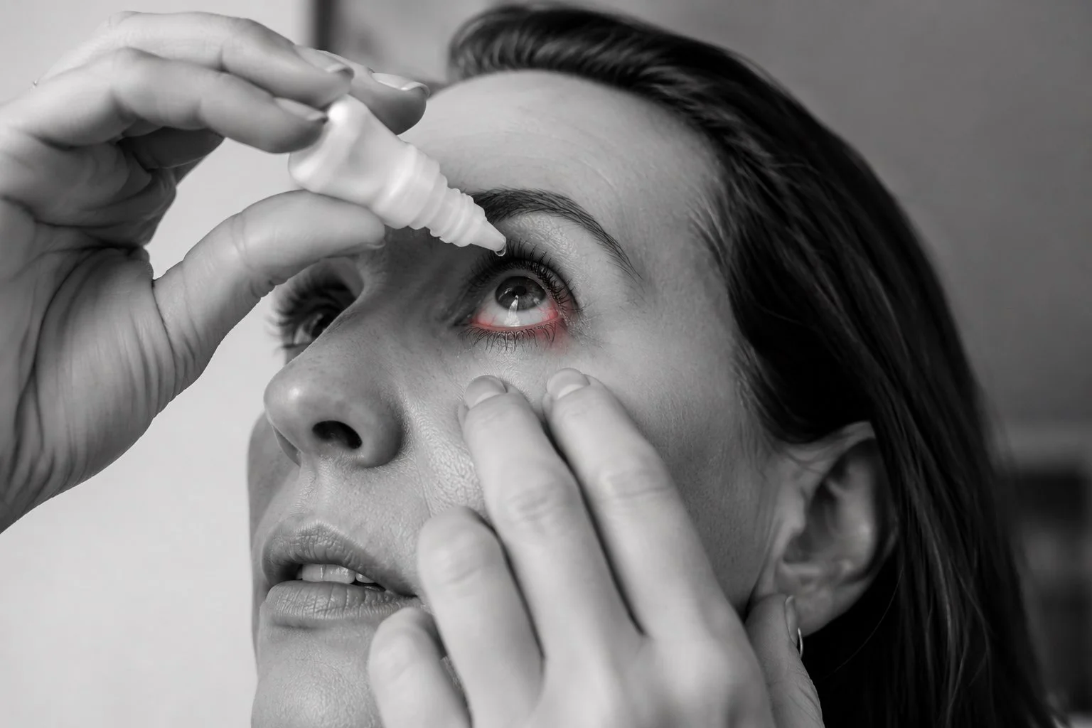 Black and white close-up of an irritated dry eye with a subtle red accent, used to illustrate sicca symptoms in a blog about Sjögren’s syndrome.