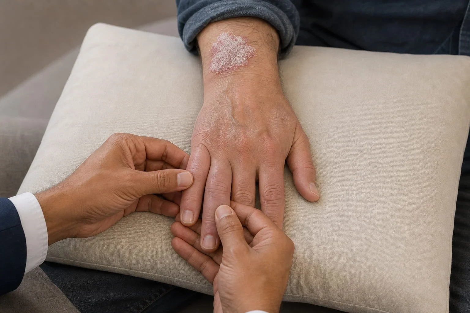 Rheumatologist examining a swollen finger while a psoriasis plaque is visible on the patient’s wrist.