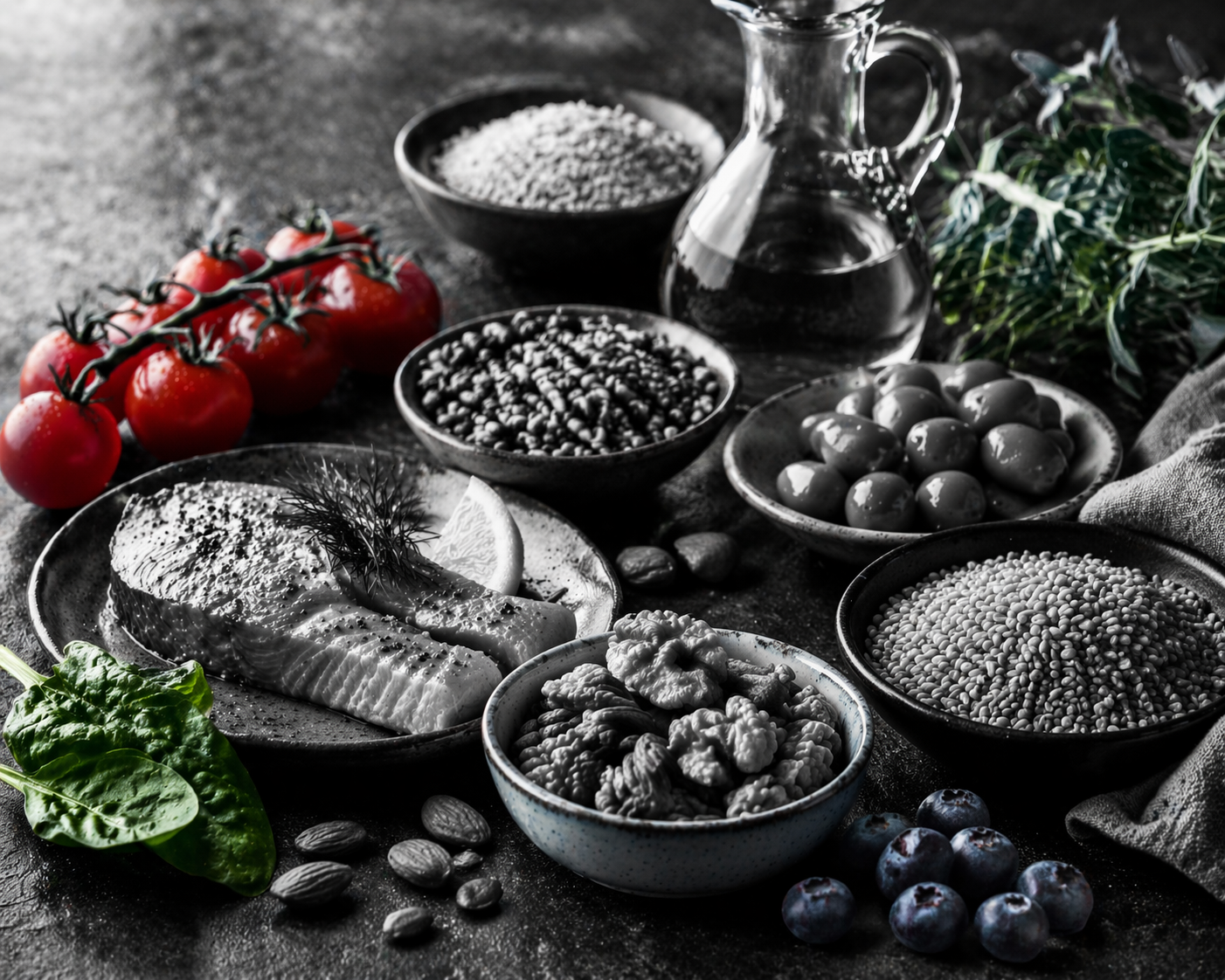Predominantly black-and-white editorial image of Mediterranean-style foods with subtle red, green and blue accents, used to illustrate a blog on diet and rheumatic disease.