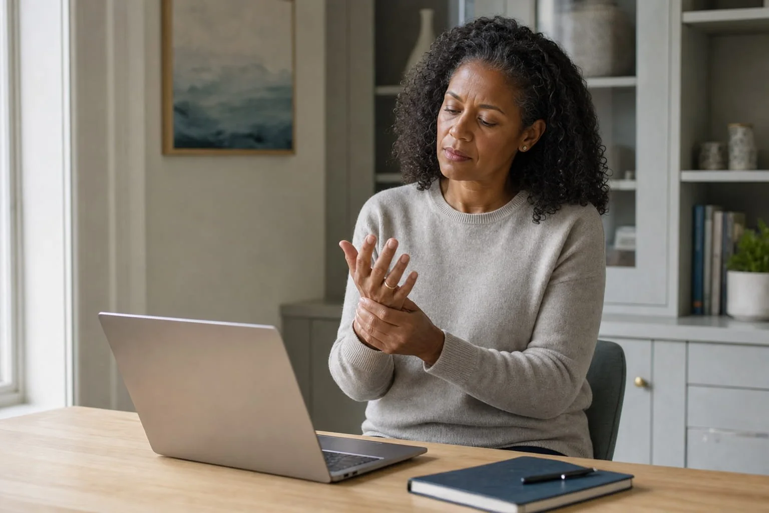 Woman pausing at a laptop and holding her hand while experiencing rheumatoid arthritis symptoms during desk work.