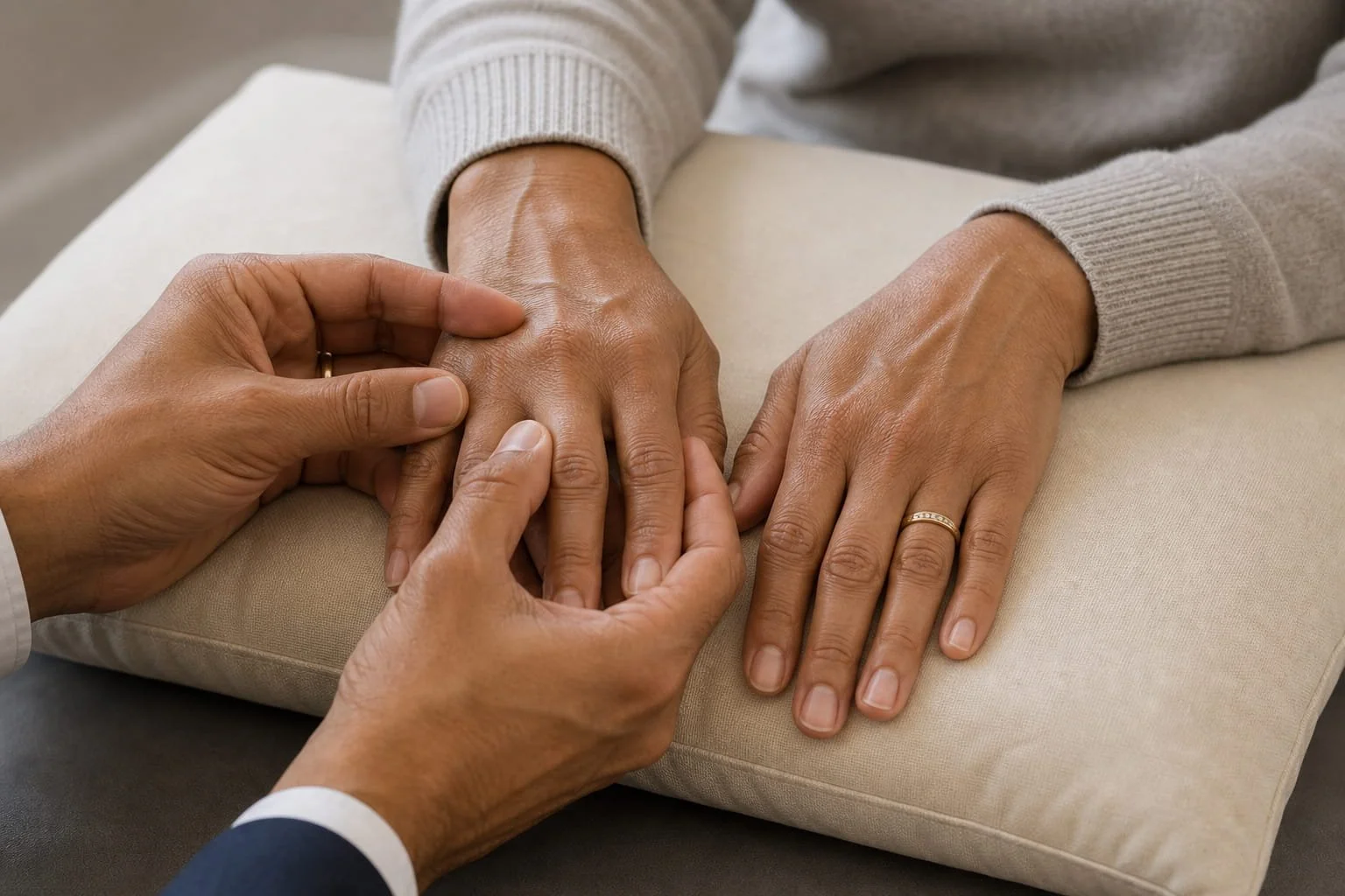 Rheumatologist gently examining a patient's finger joints while her hands rest on a clinical pillow.
