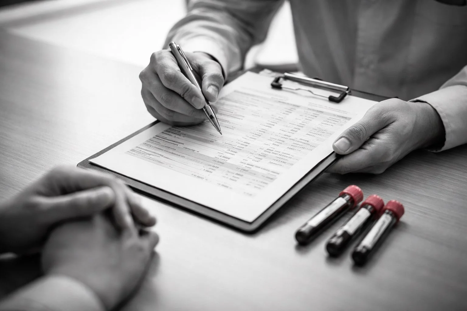 Black and white photo of a clinician examining a patient’s hands during assessment for possible autoimmune disease