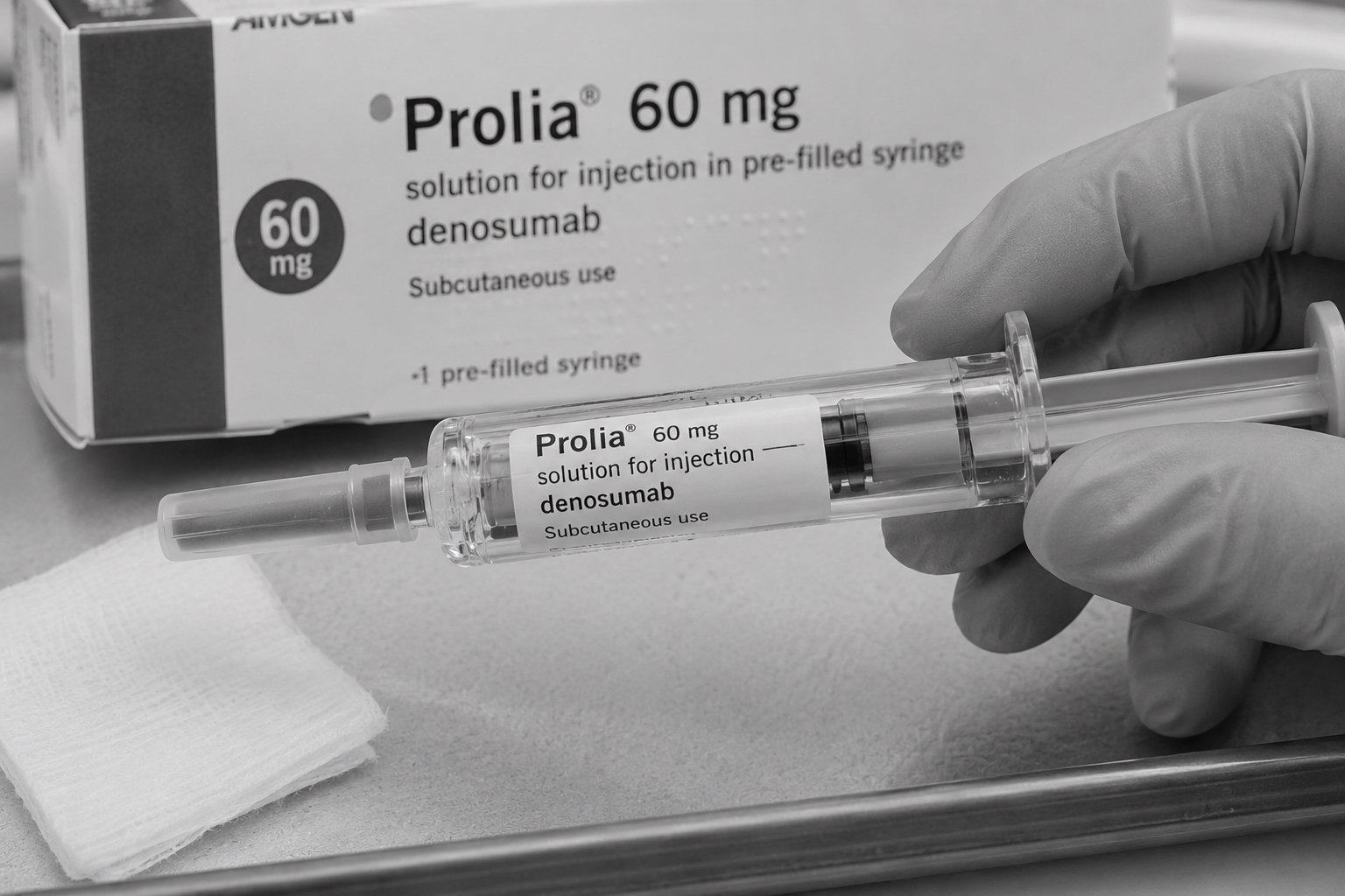 Black and white clinical image illustrating a consultation about denosumab (Prolia) and osteoporosis treatment.