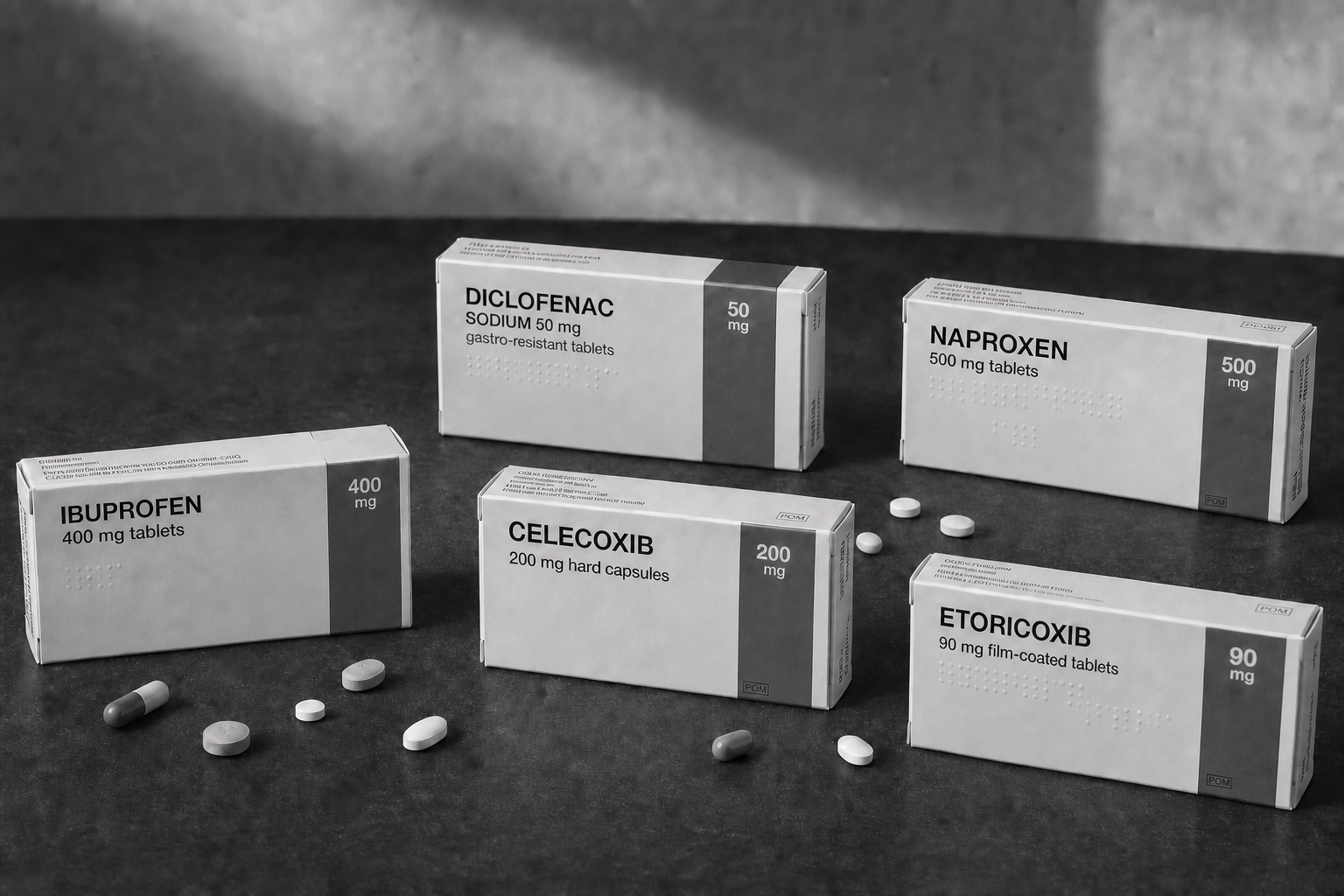 Boxes of ibuprofen, diclofenac, naproxen, celecoxib and etoricoxib with scattered tablets, illustrating NSAIDs used in rheumatology.
