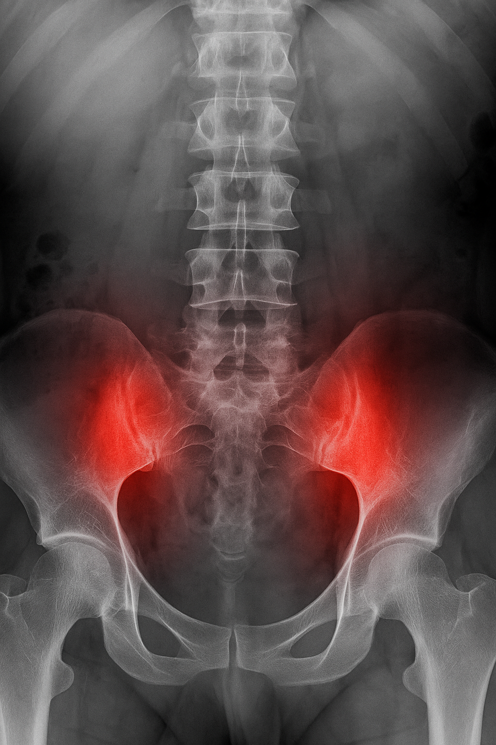 Black and white X-ray image of the lower spine and pelvis with red highlighting over the sacroiliac joints to indicate inflammation.