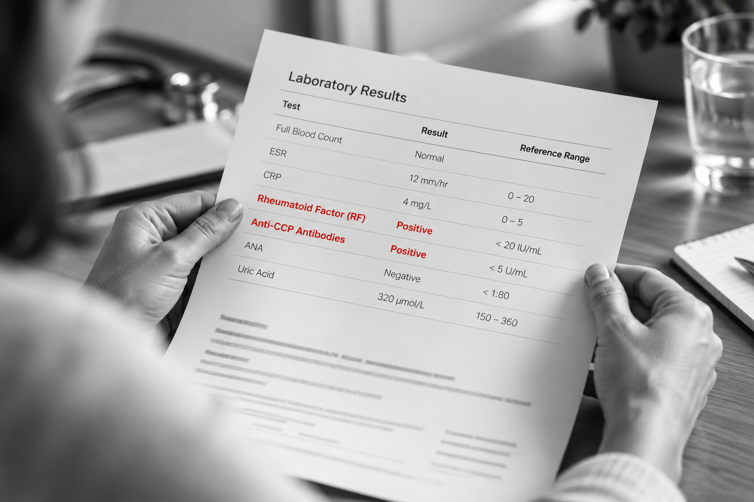 Patient reviewing blood test results showing positive rheumatoid factor and anti-CCP antibodies