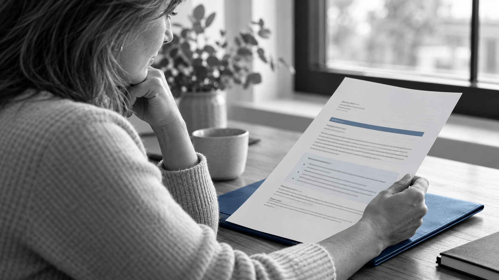 Black-and-white editorial image of a patient reviewing a written rheumatology management plan after a private self-pay consultation, illustrating one-off specialist advice, treatment planning and onward NHS care.
