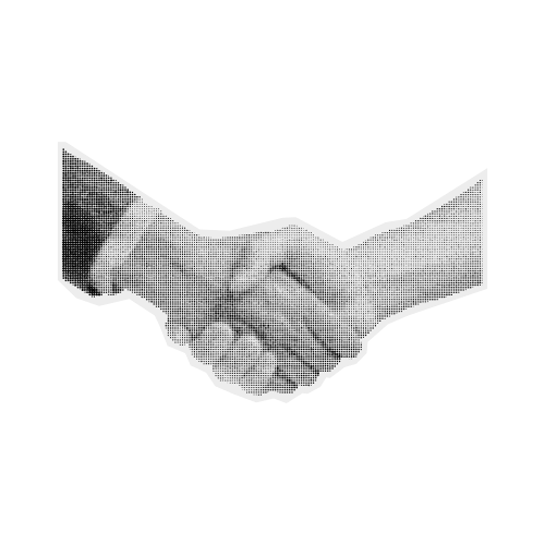 Digitale Illustration von zwei Händen, die sich die Hand geben, im Halftone-Stil in schwarz-weiß.