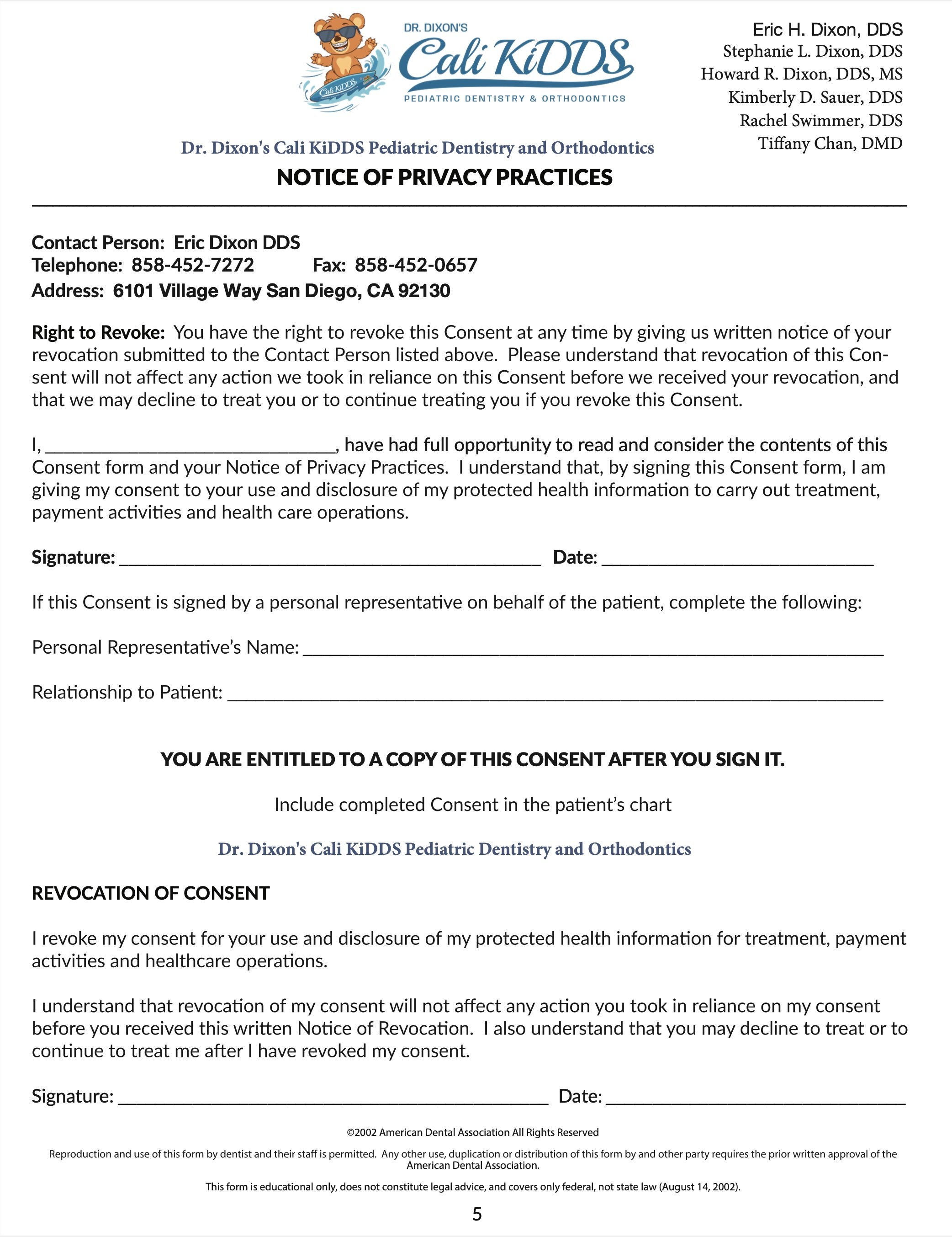 Privacy notice for Dr. Dixon's San Diego Pediatric Dental & Orthodontic Groups, listing dentists' names, practice name, and logo at the top.
