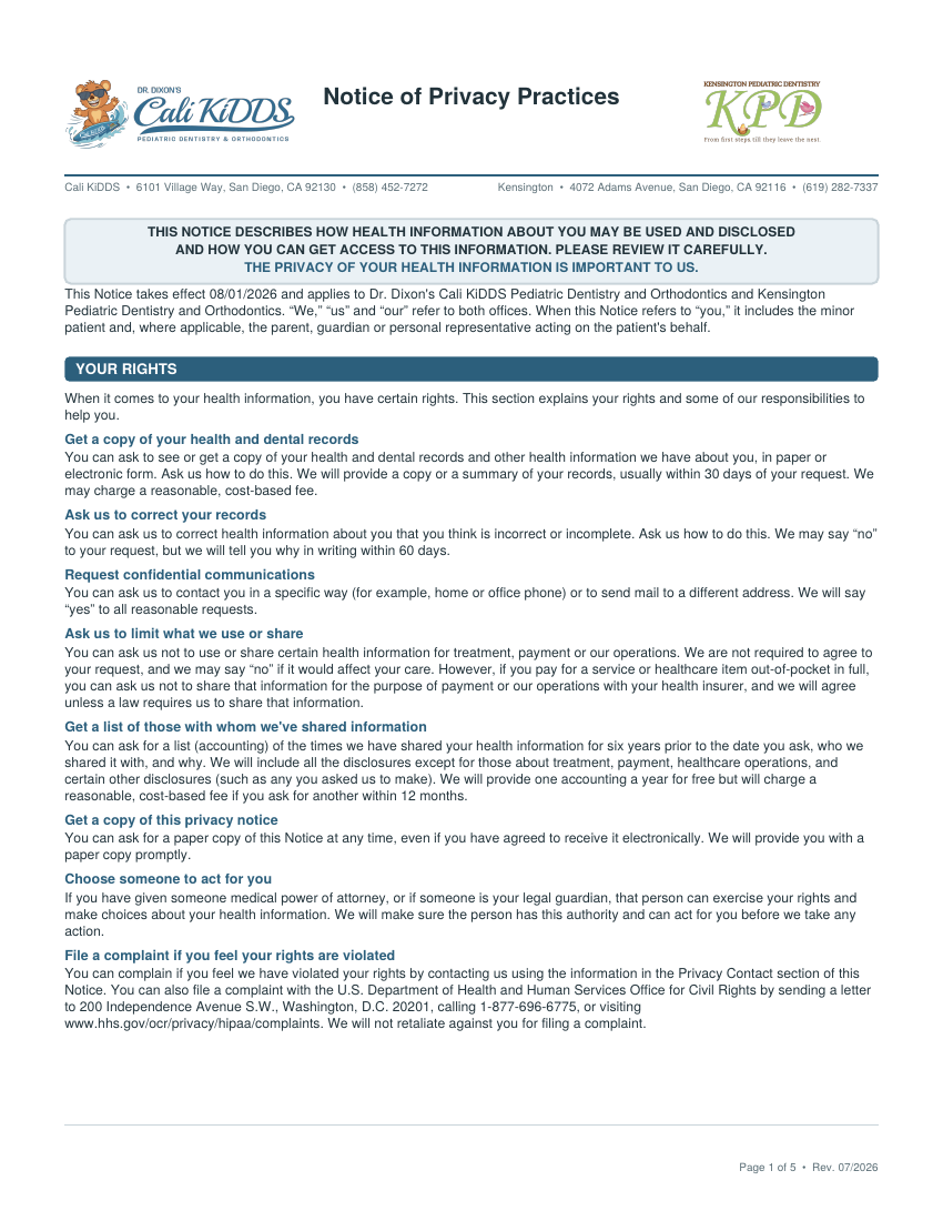 Privacy notice for Dr. Dixon's San Diego Pediatric Dental & Orthodontic Groups, listing dentists' names, practice name, and logo at the top.