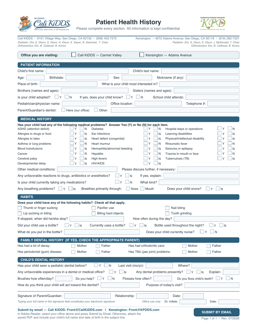 A dental health history form from Dr. Dixon's Pediatric Dental and Orthodontic Groups in San Diego, California. It includes sections for personal information, medical history, habits, family dental history, and child's dental history, with checkboxes and blank lines for responses.
