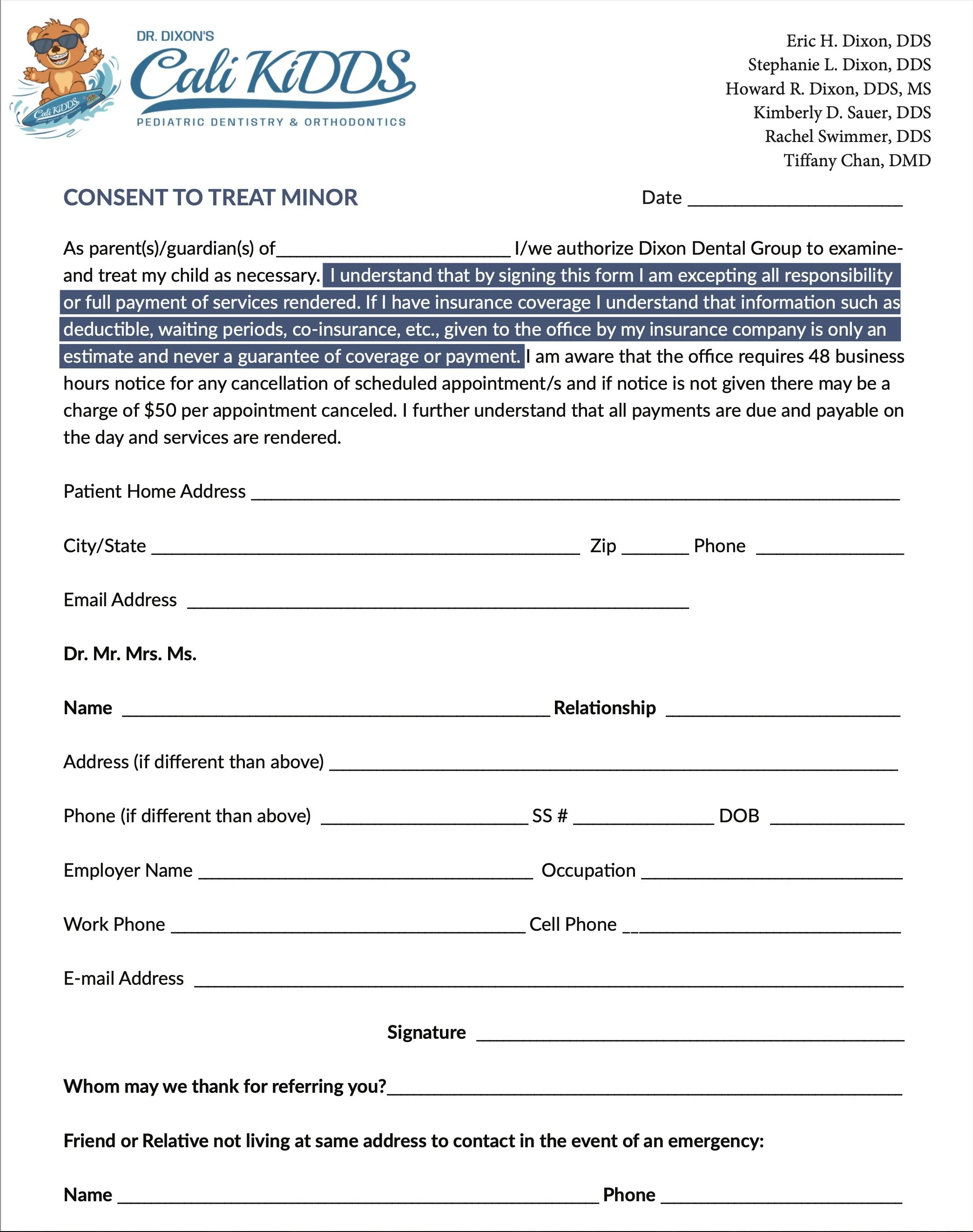 Form for pediatric dental and orthodontic treatment consent at Dr. Dixon's clinic in San Diego, with fields for patient and guardian information, insurance details, and signatures.