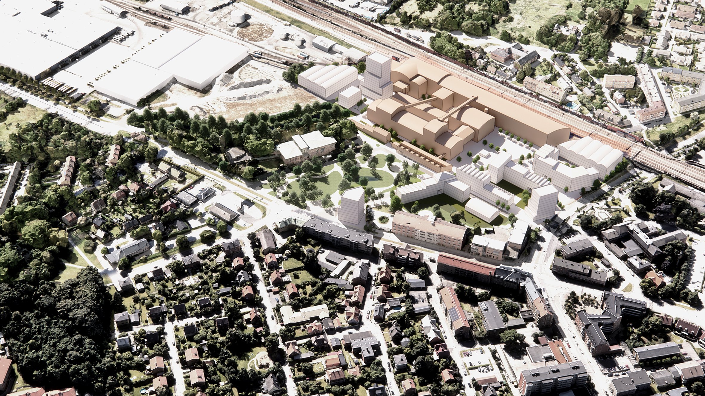 Aerial massing visualization of Arlöv Sockerbruk redevelopment showing the former sugar factory building and new residential blocks around a central park