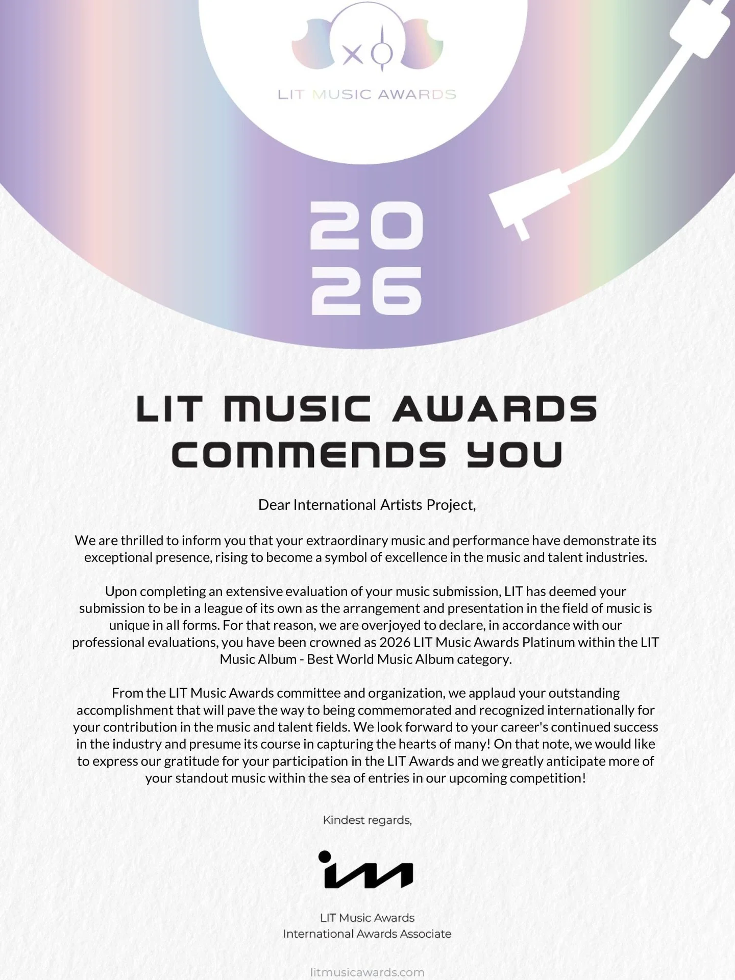 LIT Music Awards - Best World Music Album

The World Album - International Artists Project wins Best World Music Album at LIT Music Awards (Platinum)

This marks The World Album&rsquo;s third International Award since release on August 1, 2025 🌎 mad