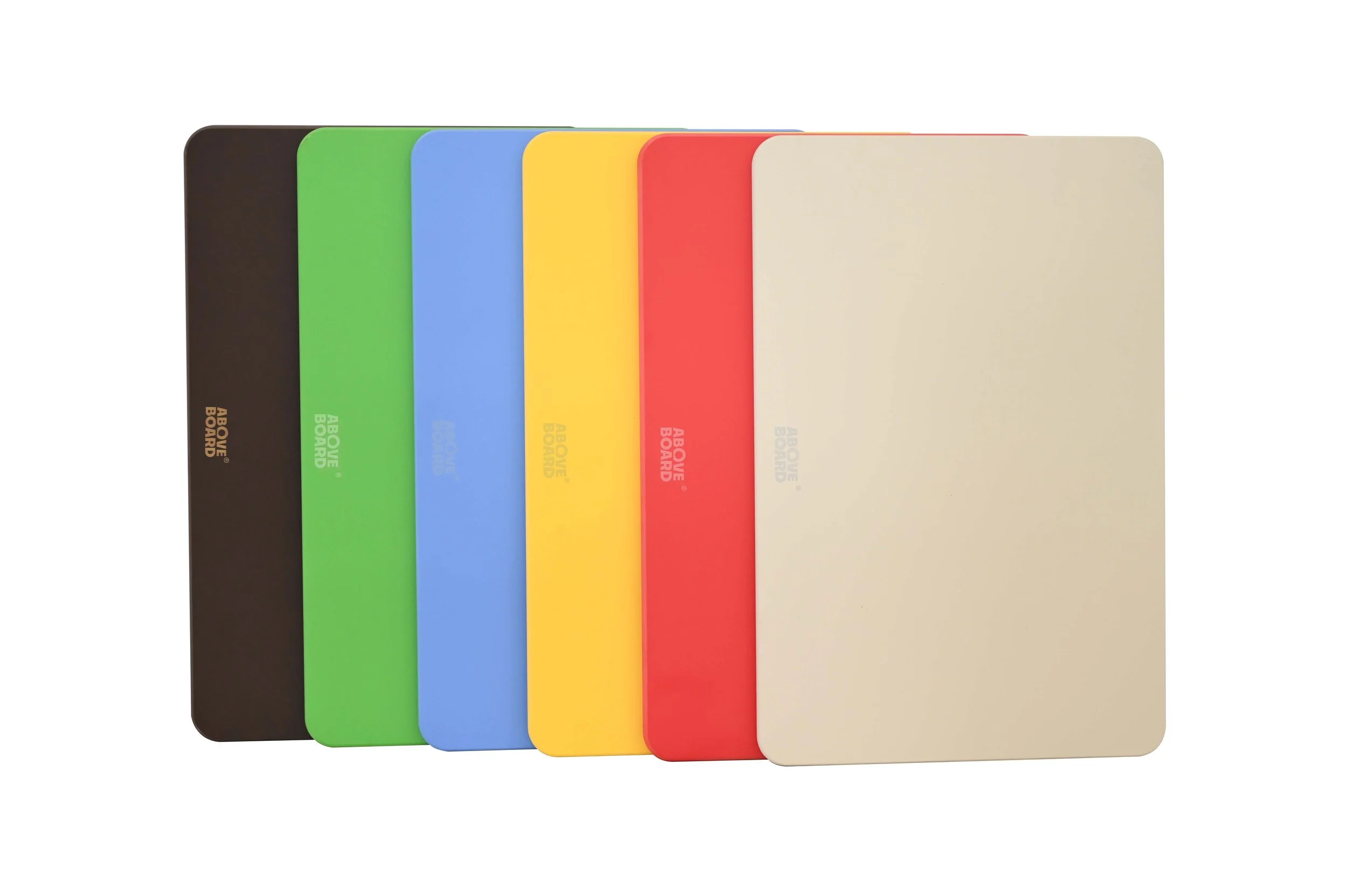 Set of six colored wood fibre plastic free suatainable FSC certified chopping boards.