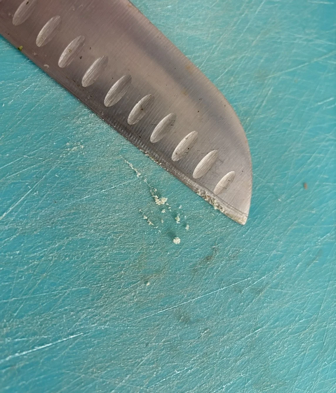 Close-up of a serrated metal knife on a teal cutting board with small food debris.