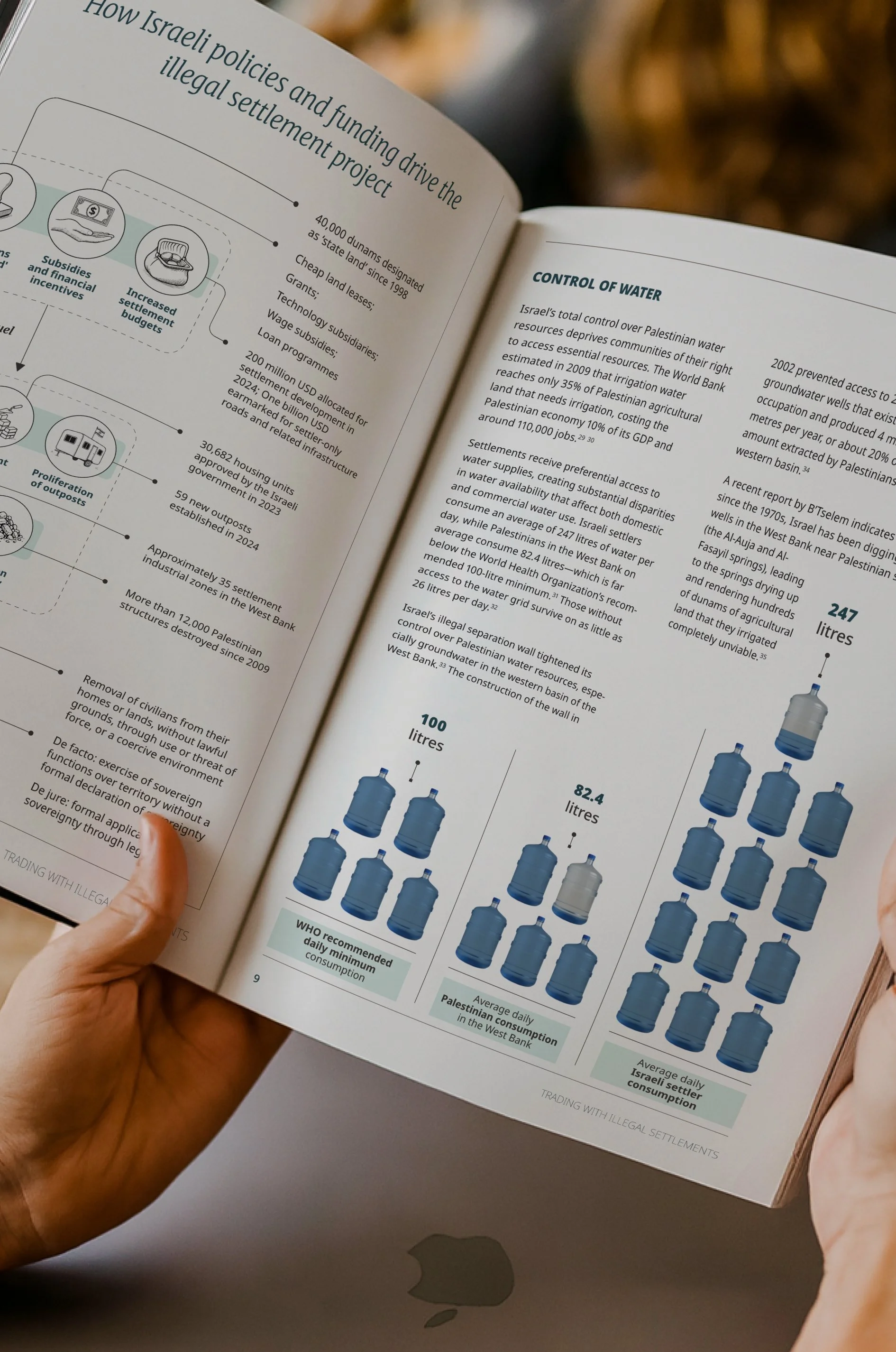 Open report showing pages about water control and settlements, with diagrams of water bottles and consumption data in liters.