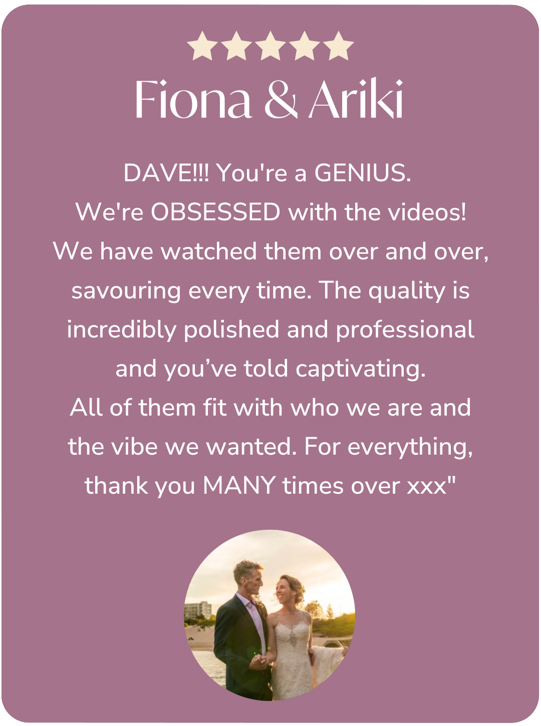 Thank you message for Fiona and Ariki with five stars at the top, a photo of a couple in wedding attire at the bottom, and brown background.