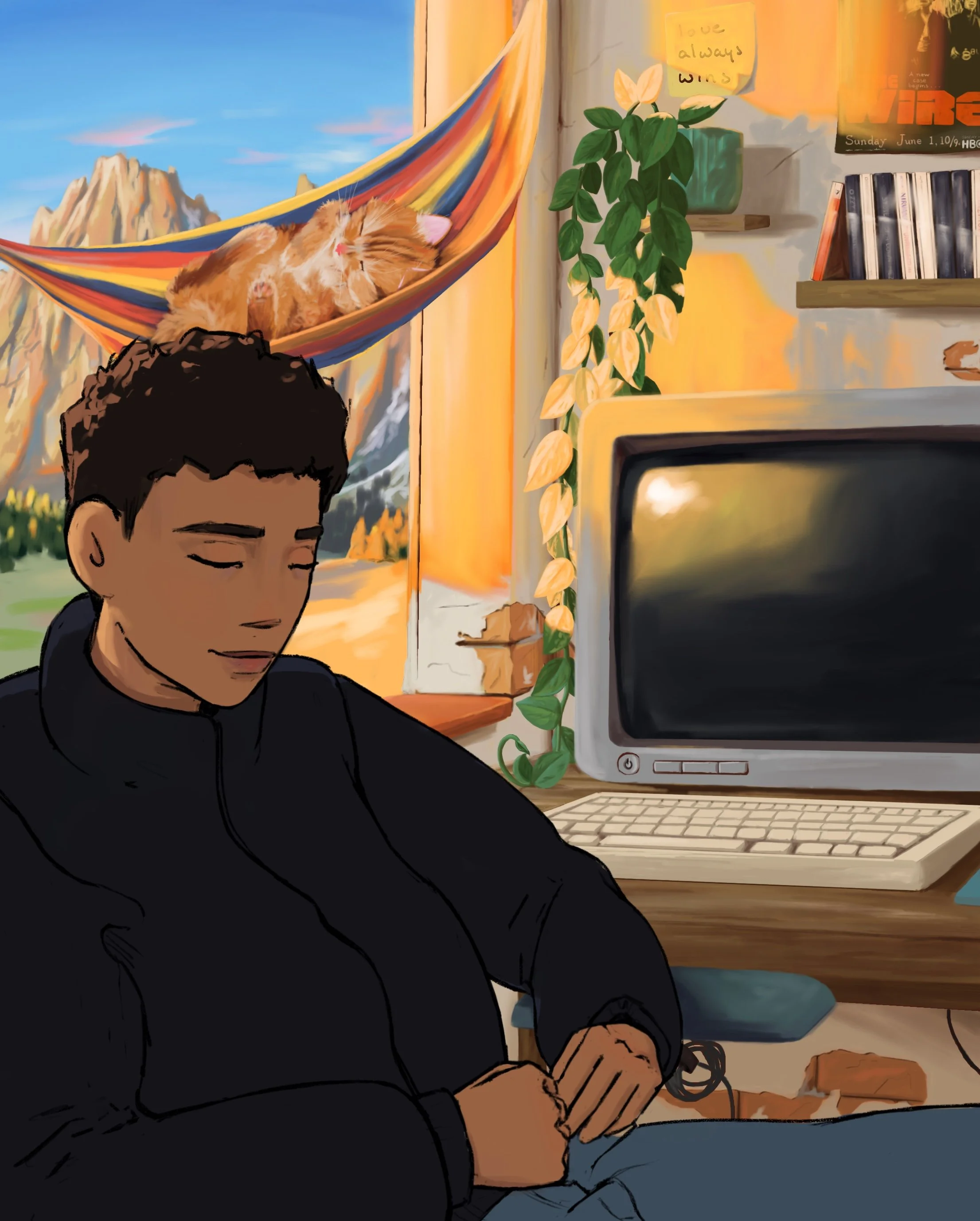 A young person with dark, short curly hair, wearing a black jacket, sitting with eyes closed in a cozy room. Behind is a window with a mountain landscape, a wall with shelves holding books, a yellow post-it note that says "love always wins," a potted plant, and a small vintage TV. A colorful hammock with a sleeping orange tabby cat is hanging near the window.