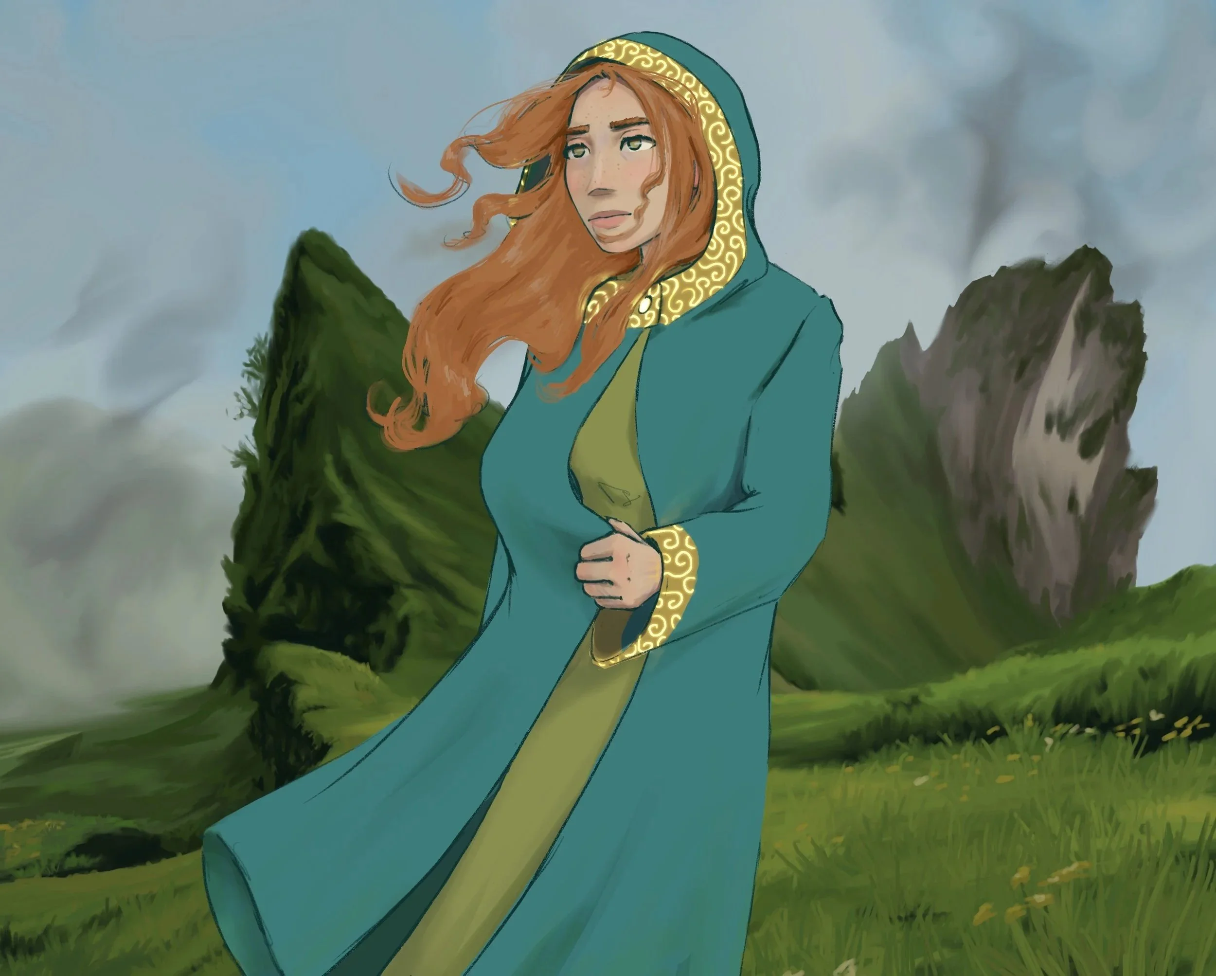 A woman with long red hair wearing a blue cloak and a green dress stands in a lush green landscape with mountains in the background. The sky is cloudy.