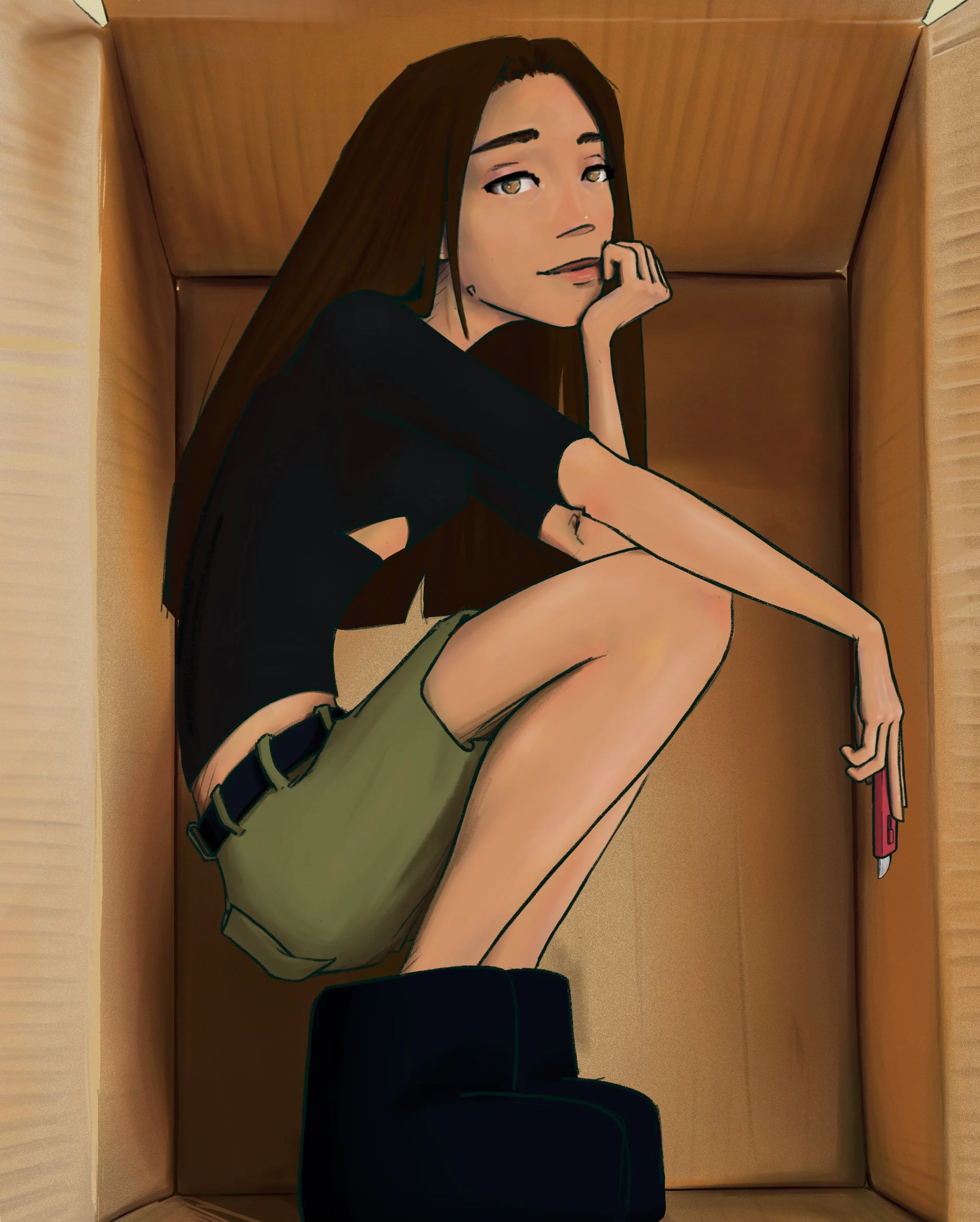 A young woman with long brown hair sitting inside a cardboard box, looking up with a relaxed expression, wearing a black top, khaki shorts, and black boots, holding a boxcutter in her right hand.