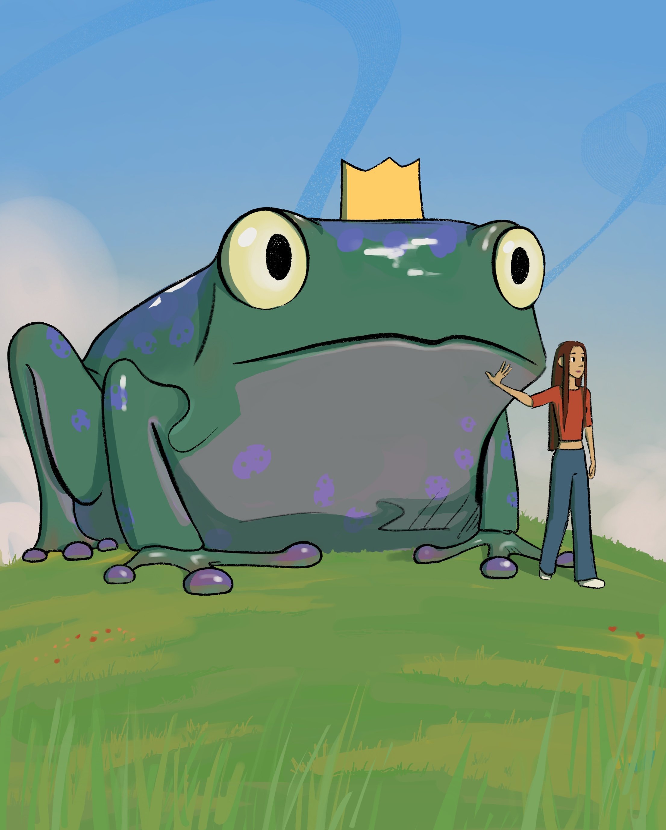 A cartoon girl standing next to a giant frog with a crown on its head, in a grassy field under a blue sky.