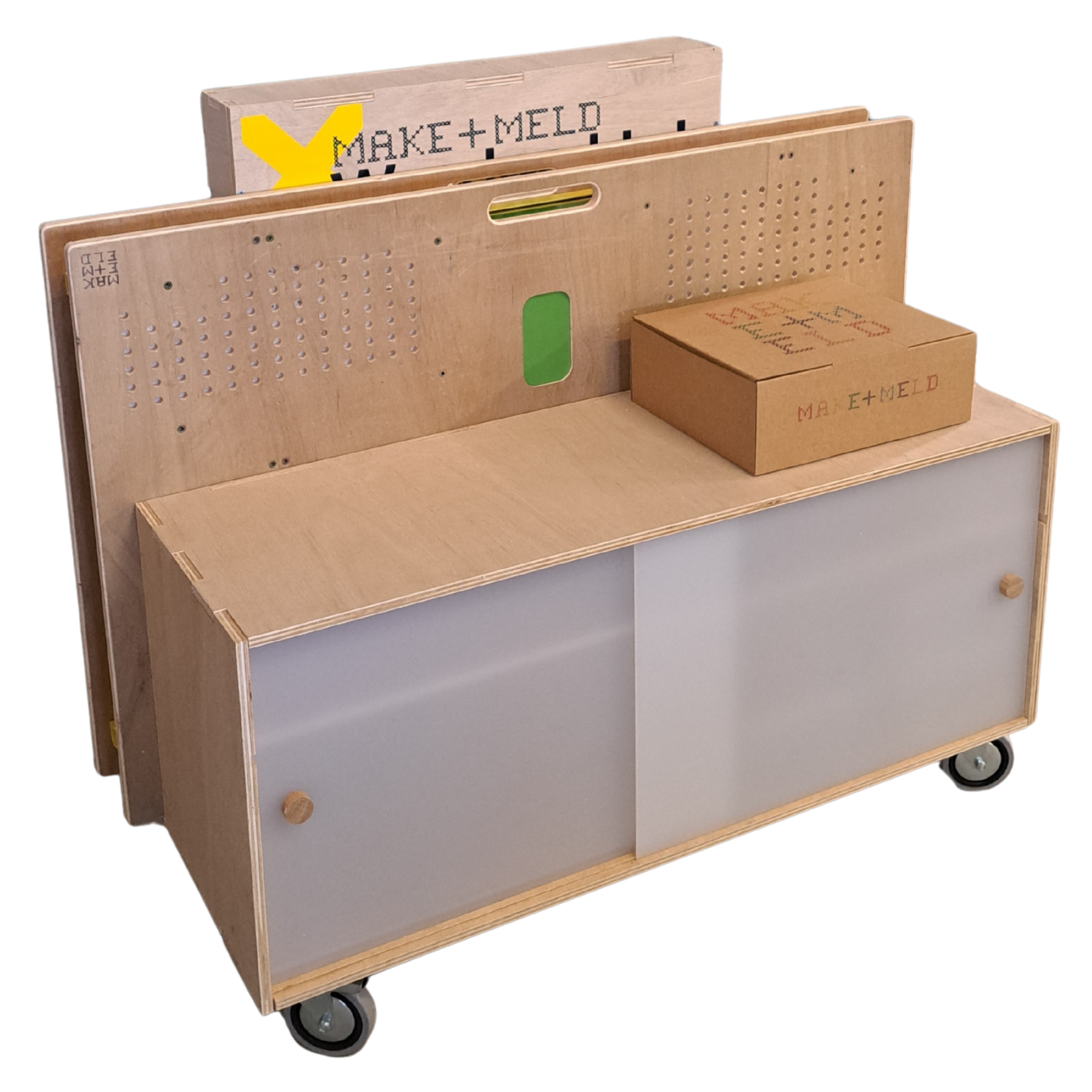 Wooden make-and-meld activity cart with a pegboard, sliding doors, and a box on top, featuring craft supplies and instructions.