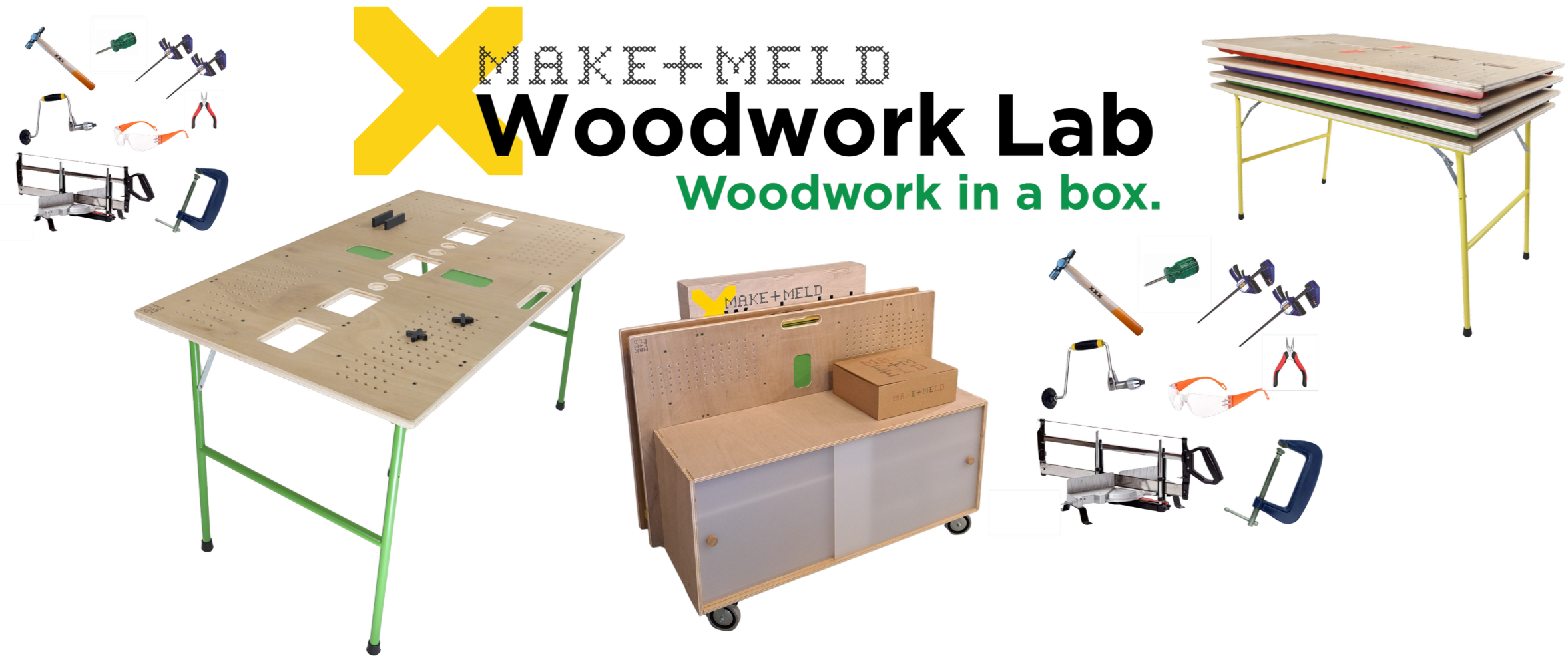 This image showcases a woodworking project called "Woodwork in a box" that includes various tools such as a cordless drill, screwdrivers, pliers, and clamps, along with two wooden tables, one with a pegboard top and adjustable legs, and a cabinet on wheels, all used for woodworking activities.
