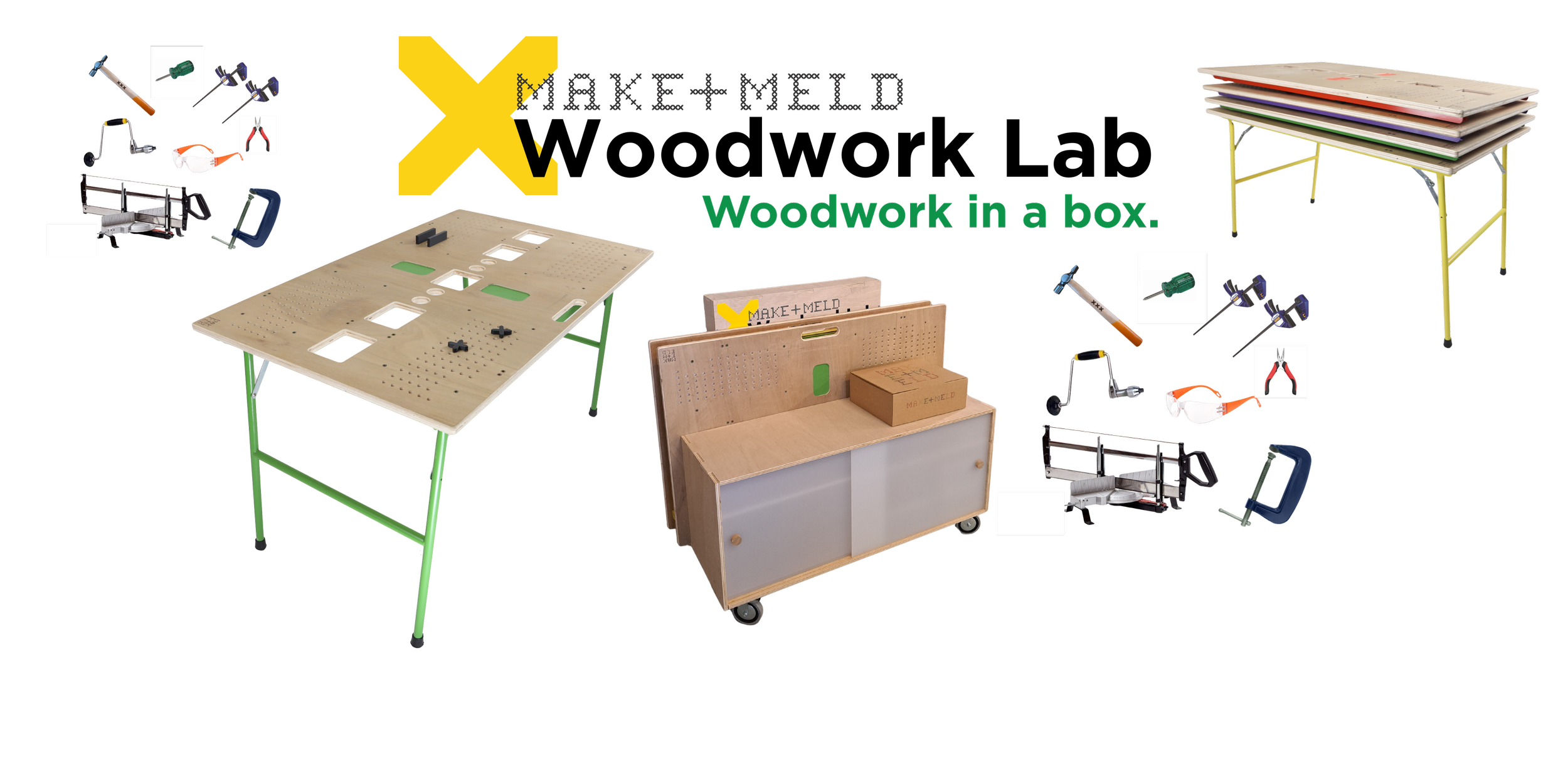 A woodworking workspace featuring a drill press, screwdrivers, pliers, a workbench, and two mobile wood storage carts with wooden and plastic panels, alongside the text ‘Woodwork in a box’ and ‘MAKE + MELD’ branding.