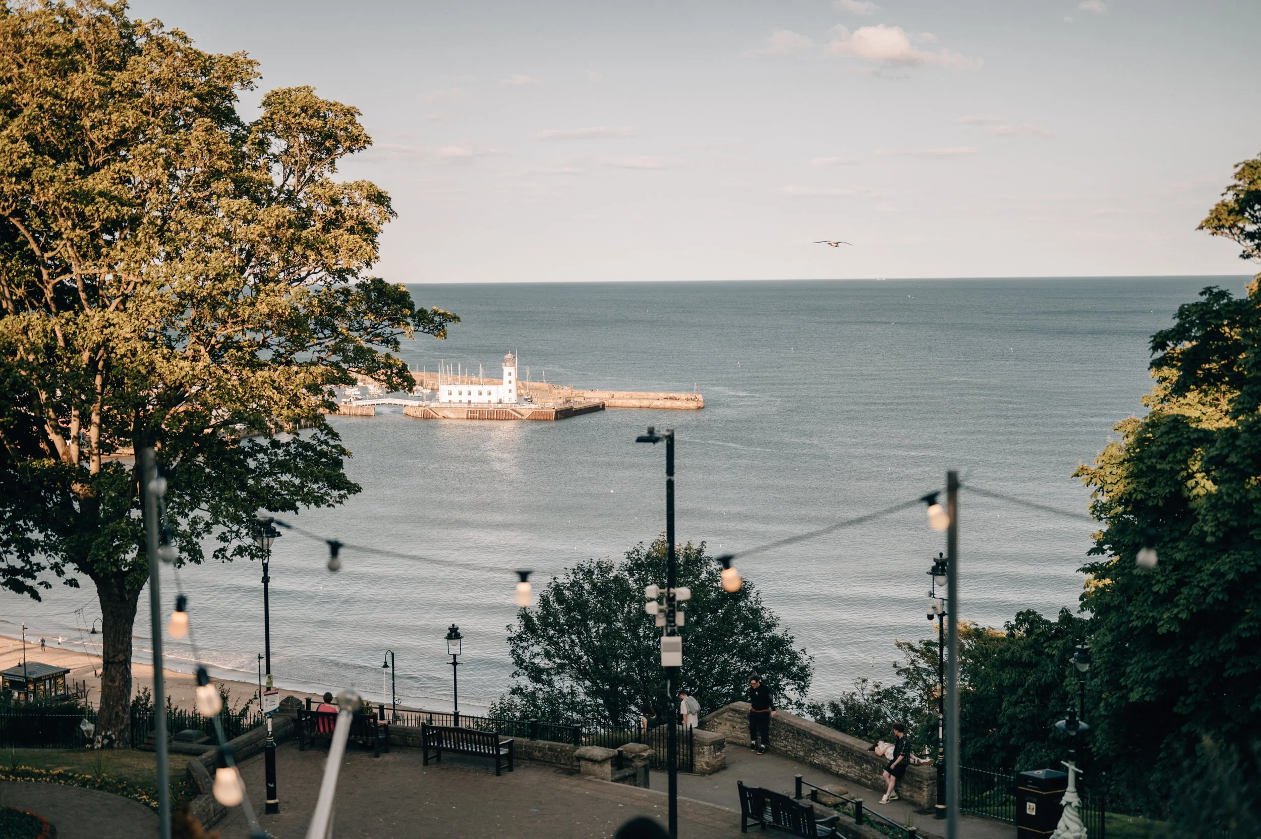 Scenic view of a harbor with a lighthouse on a pier, overlooking a calm sea, framed by trees and illuminated string lights in a park with benches and people walking.