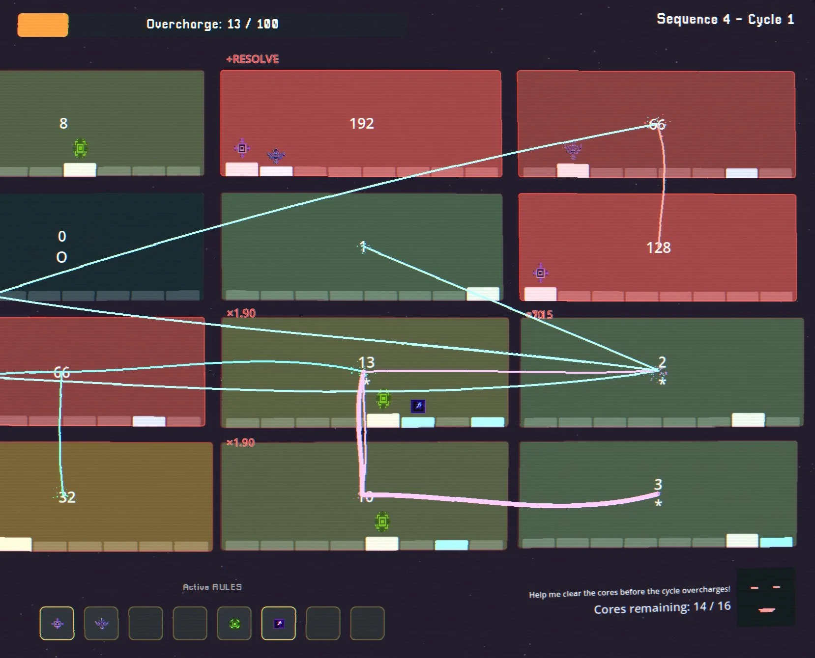 A screenshot from a scientific simulation or educational game showing a grid of rectangular cells with various numbers, colors, and icons, connected by lines indicating relationships or processes, with a dark background and some text at the top and bottom.