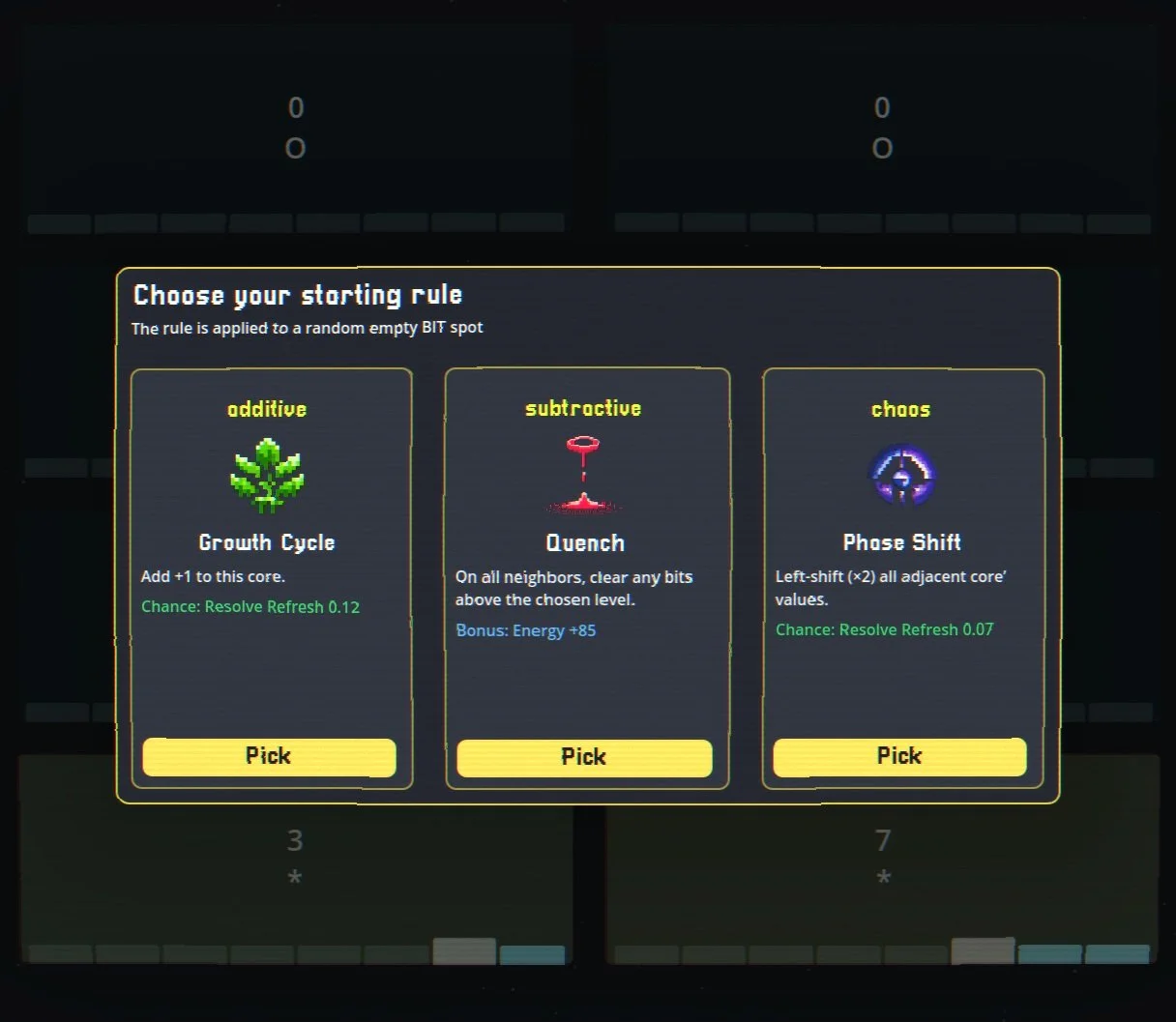 Screen from a game showing three options for starting rules: 'additive' with a growth cycle graphic, 'subtractive' with a droplet graphic, and 'chaos' with a swirling graphic, each with description and a 'Pick' button.