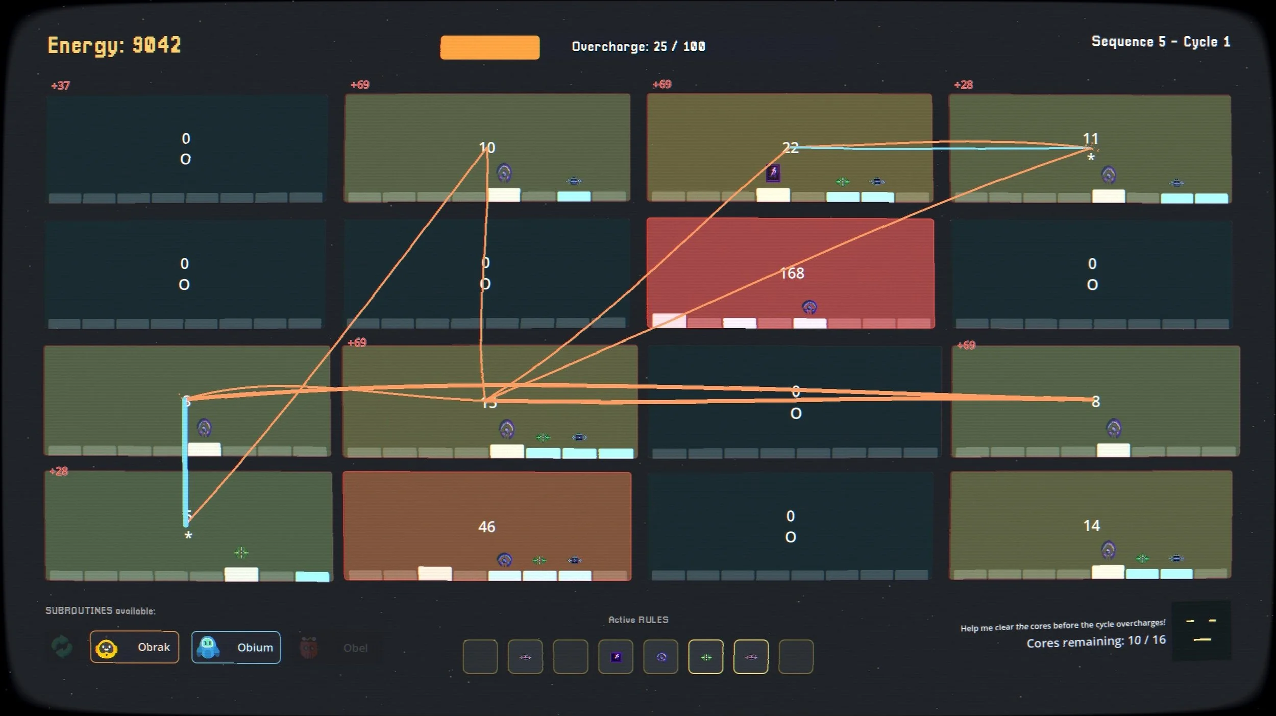 Screenshot of a game interface showing energy levels, cycle information, and multiple interconnected nodes with lines connecting them, suggesting a circuit or network diagram with labels and color-coded sections.
