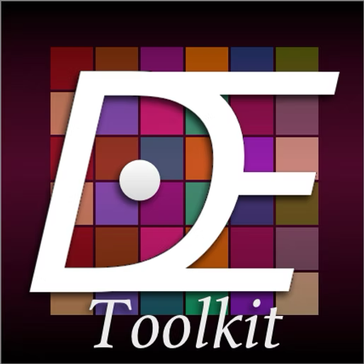 A logo with a large stylized 'D' and 'E' over a pixelated colorful background, with the word 'Toolkit' written below.