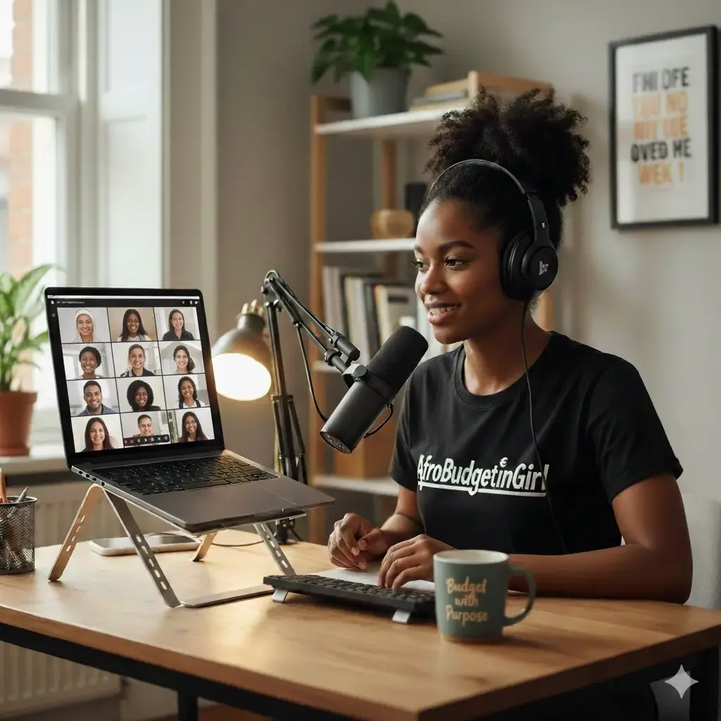 AfroBudgetingGirl leading a live webinar titled “Budget with Purpose,” speaking confidently on camera while presenting practical budgeting strategies to an online audience.
