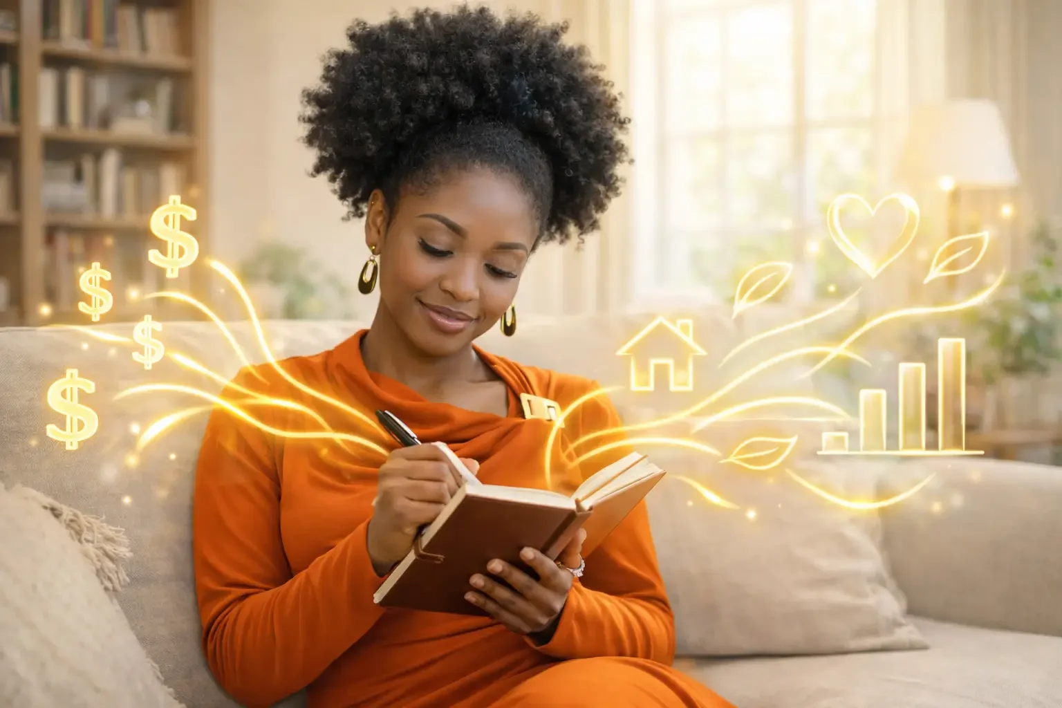 A woman in an orange top writing in a notebook on a sofa, with glowing icons of dollar signs, hearts, leaves, a house, and a bar graph illustrated around her.