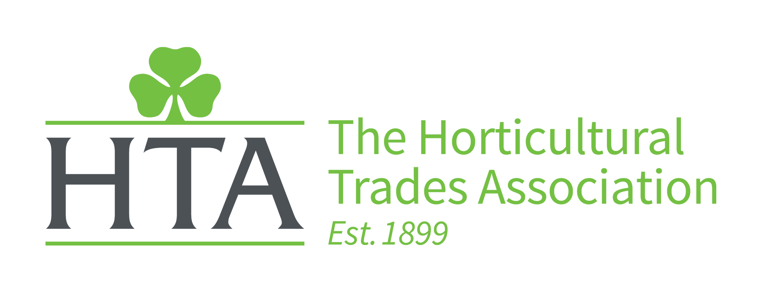 Logo of the Horticultural Trades Association with a green clover, black and green text, and 'Est. 1899'.