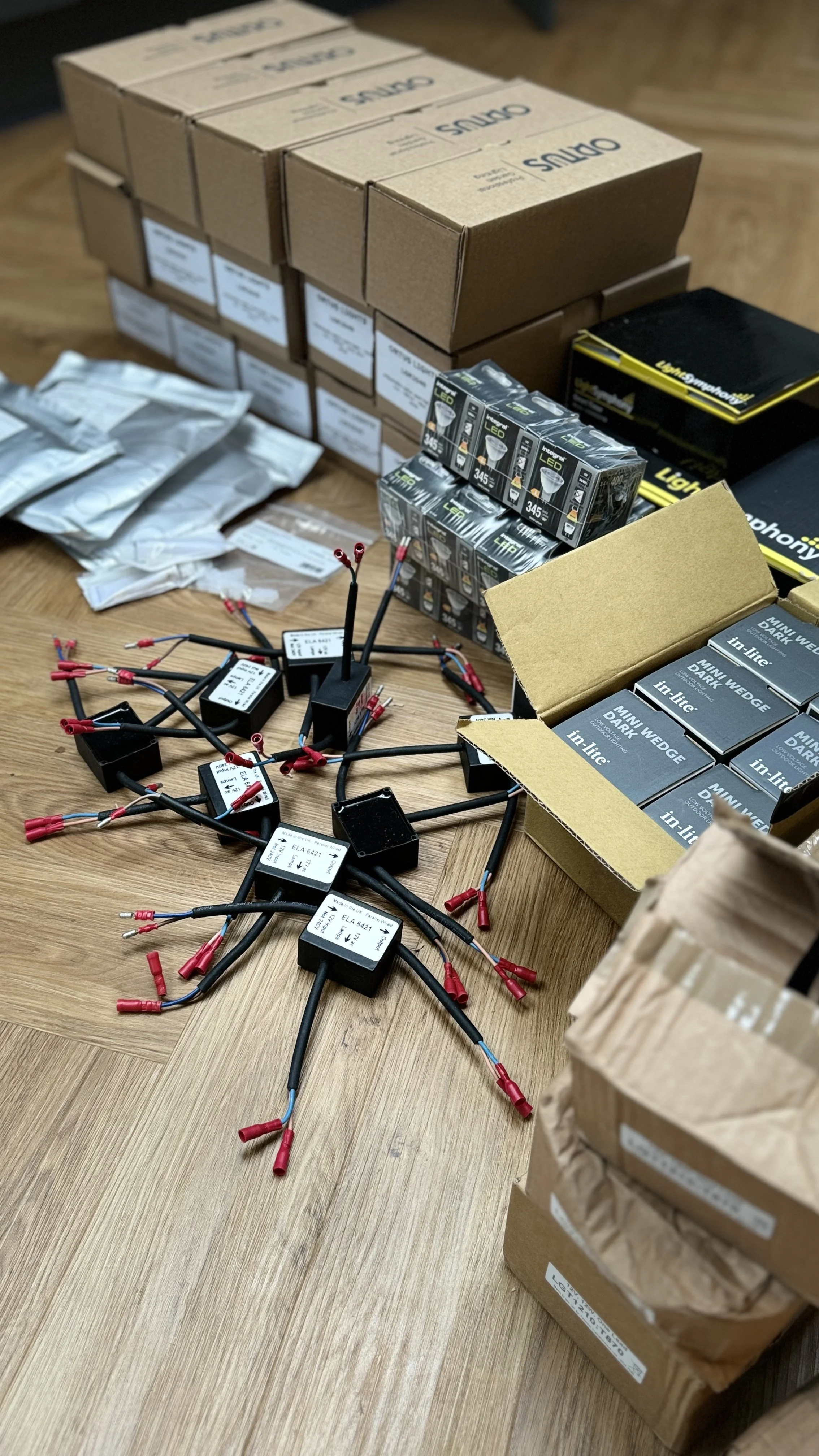 lighting products in boxes