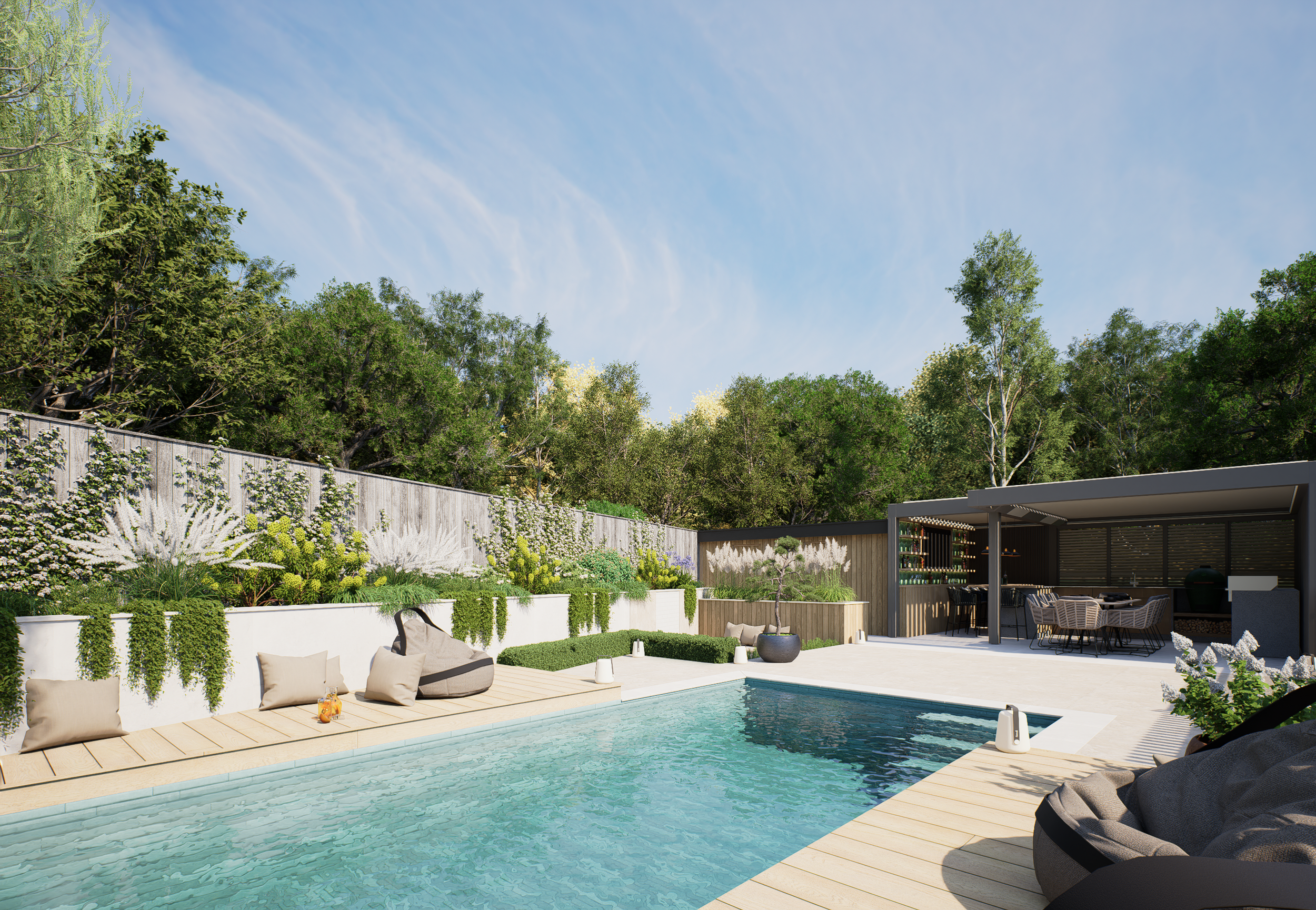 A modern backyard with a swimming pool, outdoor seating with cushions, lush green trees and a clear blue sky.
