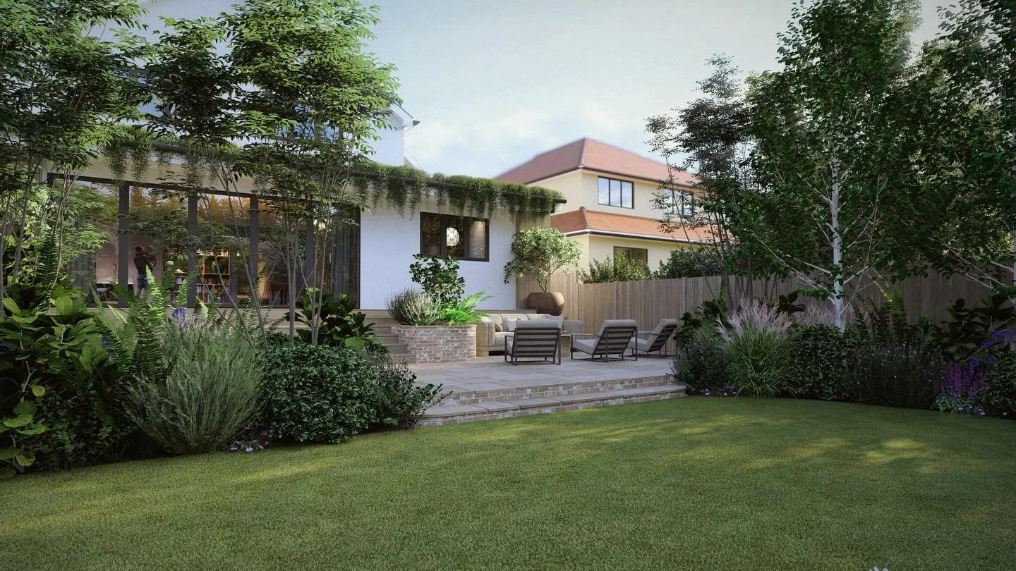 Here&rsquo;s a few visuals for a current garden build that is now underway with the talented team from @landscapesbydesign featuring decked step platform, curved lawn and paved area, raised brickwork planters and an entertaining space with garden roo